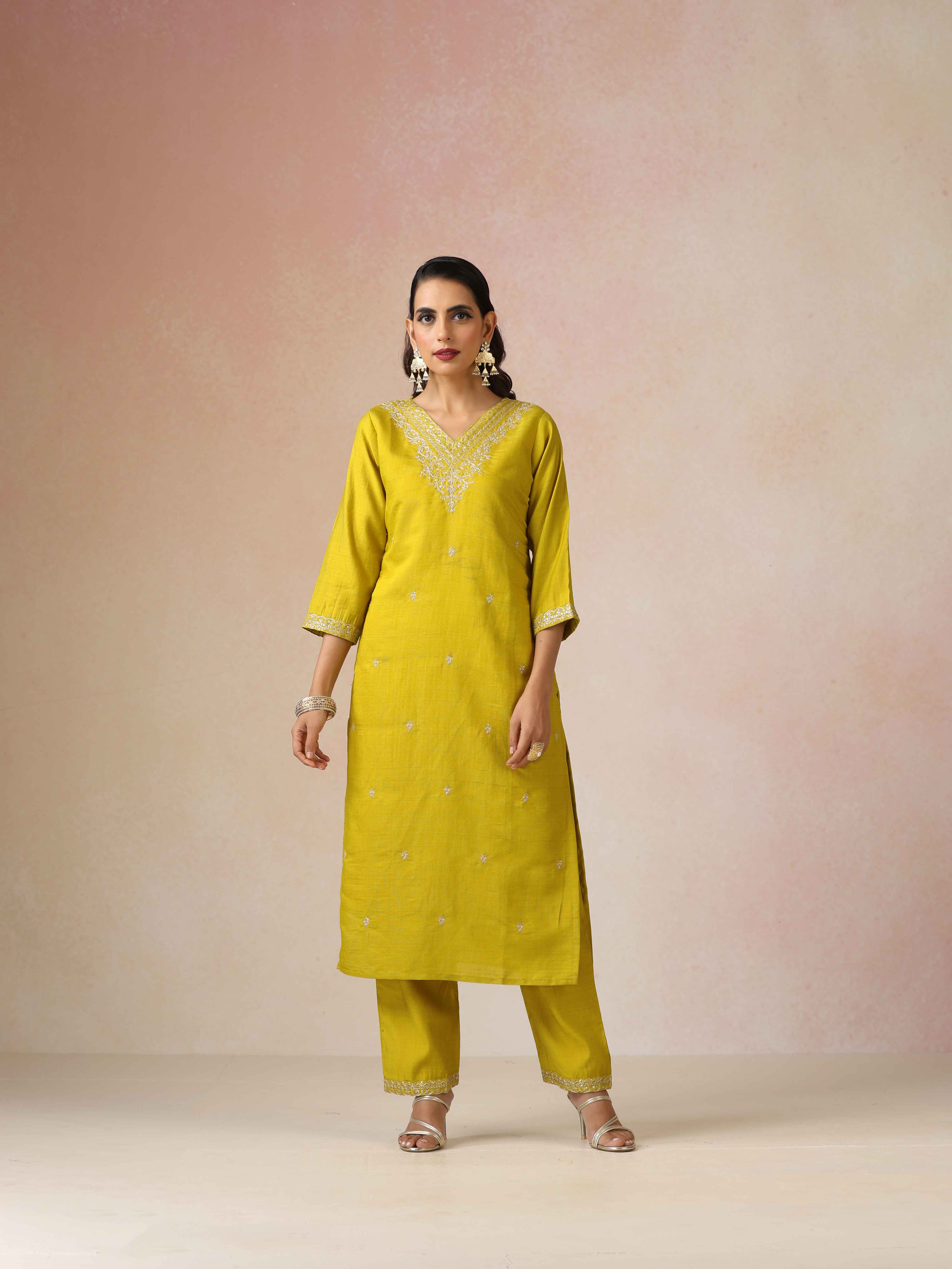 trueBrowns Lime All Over Embroidered Straight Kurta 3pc Set