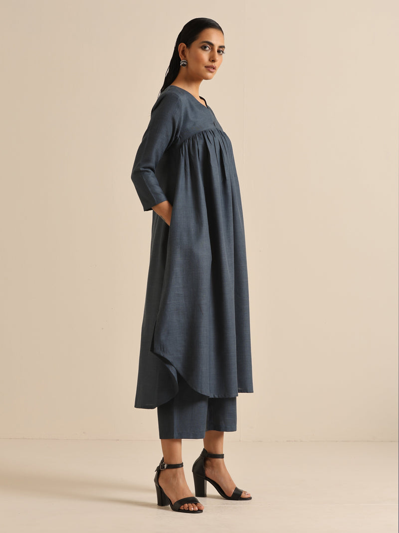Light Blue Slub Gathered Kurta Pant Set