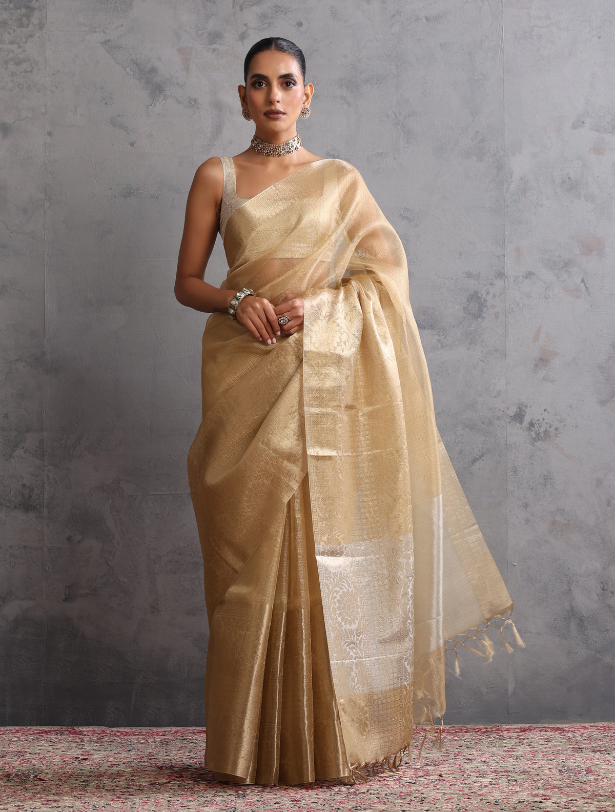 trueBrowns Gold Weave Kota Tissue Handloom Saree With Unstitched Blouse