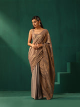 trueBrowns Grey Cotton Gold Striped Ready To Wear Saree