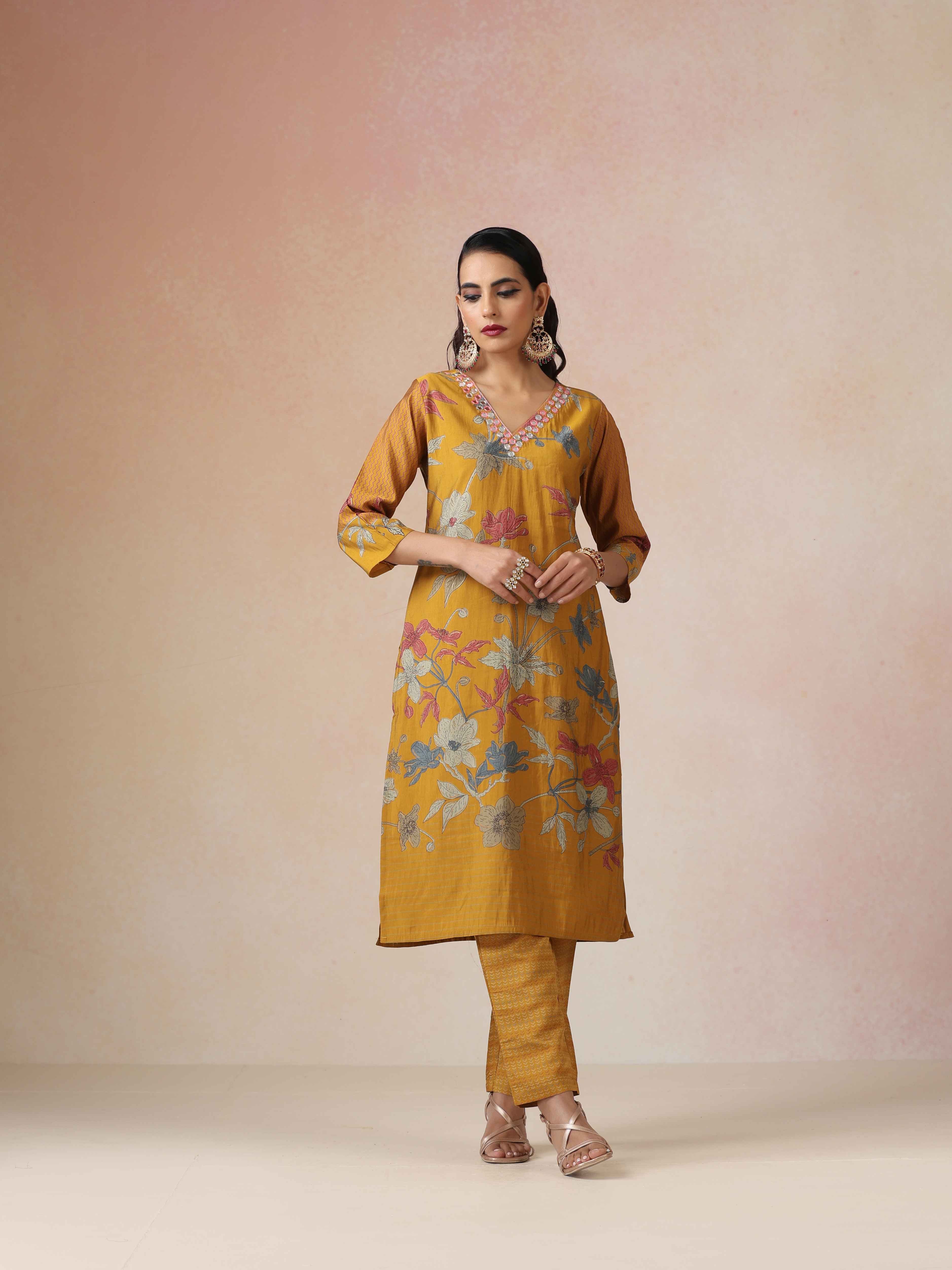 trueBrowns Yellow Embroidered Straight Kurta 3pc Set