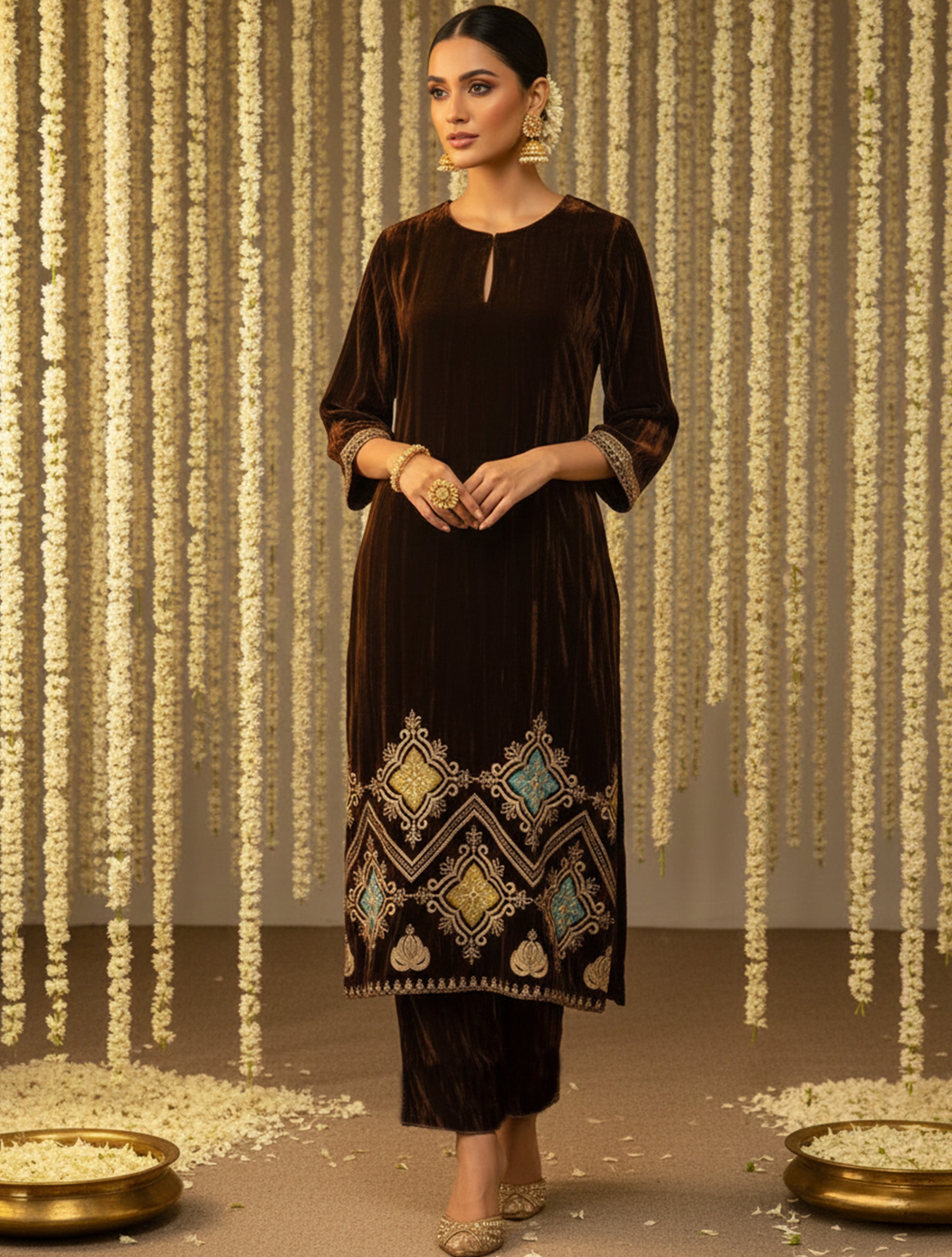 trueBrowns Brown Crinkled Velvet Embroidered Kurta Pants Dupatta Set