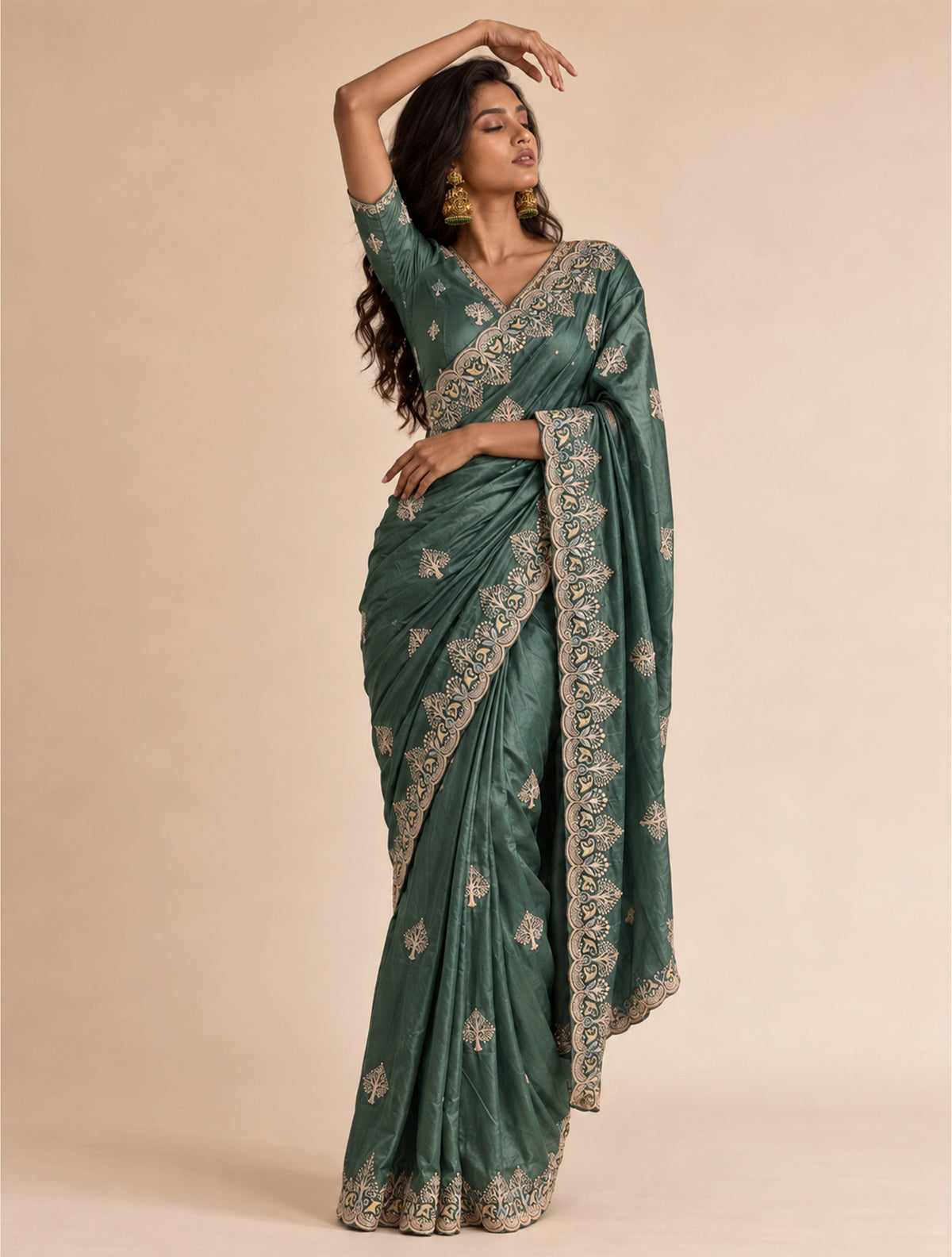 trueBrowns Olive Grey Paan Embroidered Silk Blend Saree With Unstitched Blouse