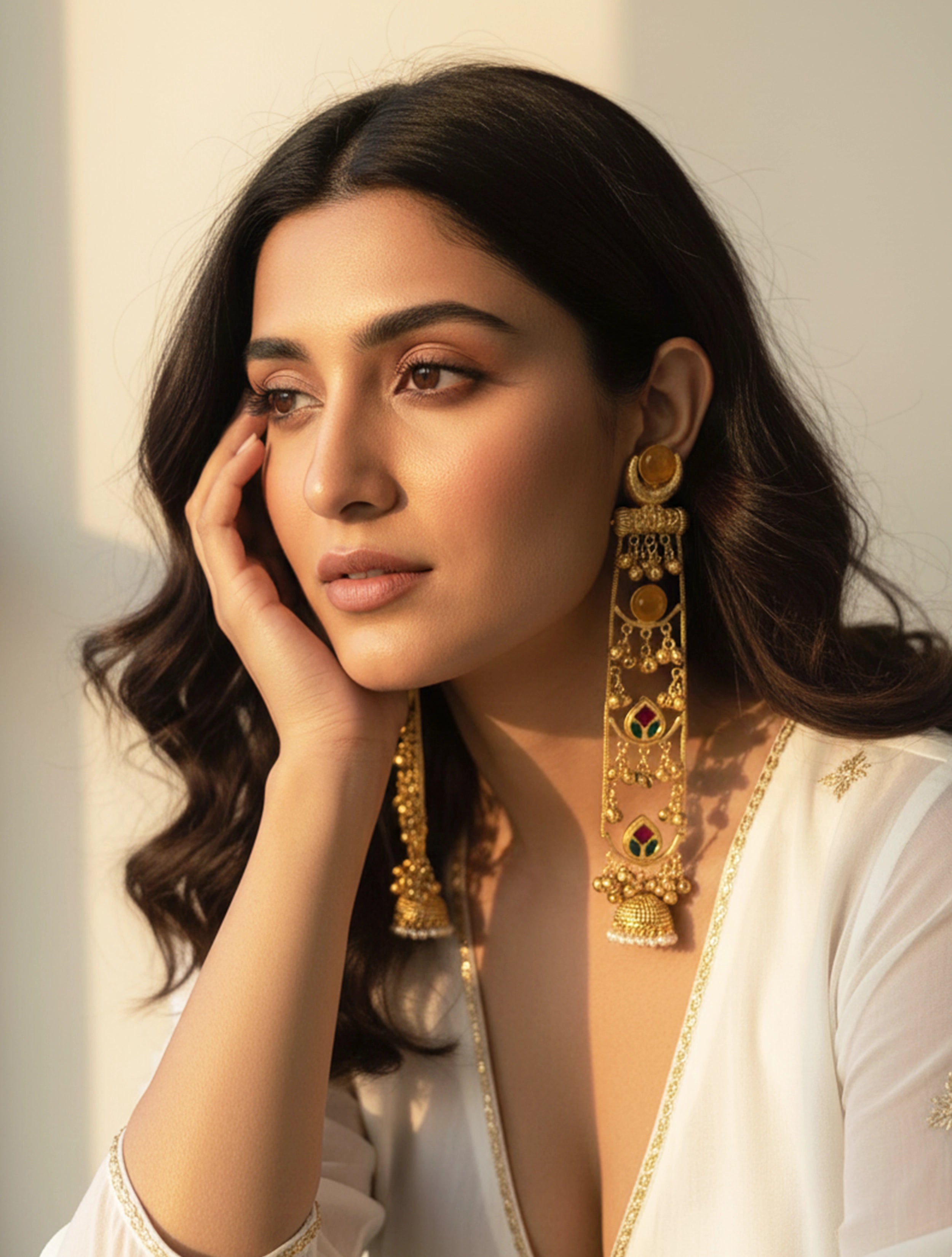 trueBrowns Kashmiri Yellow Statement Kundan Drop Earrings