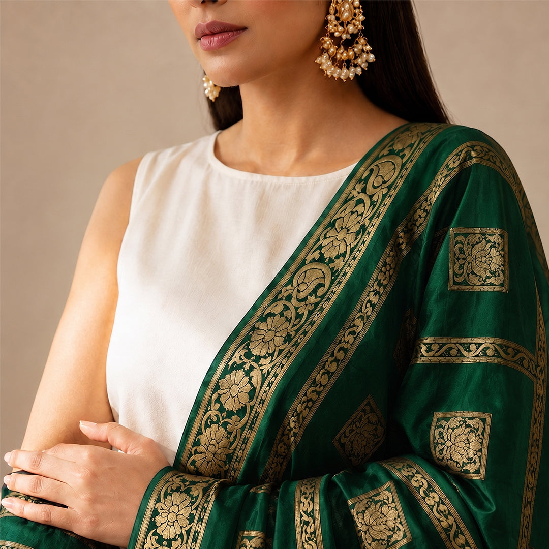 trueBrowns Green Gold Weave Banarasi Dupatta