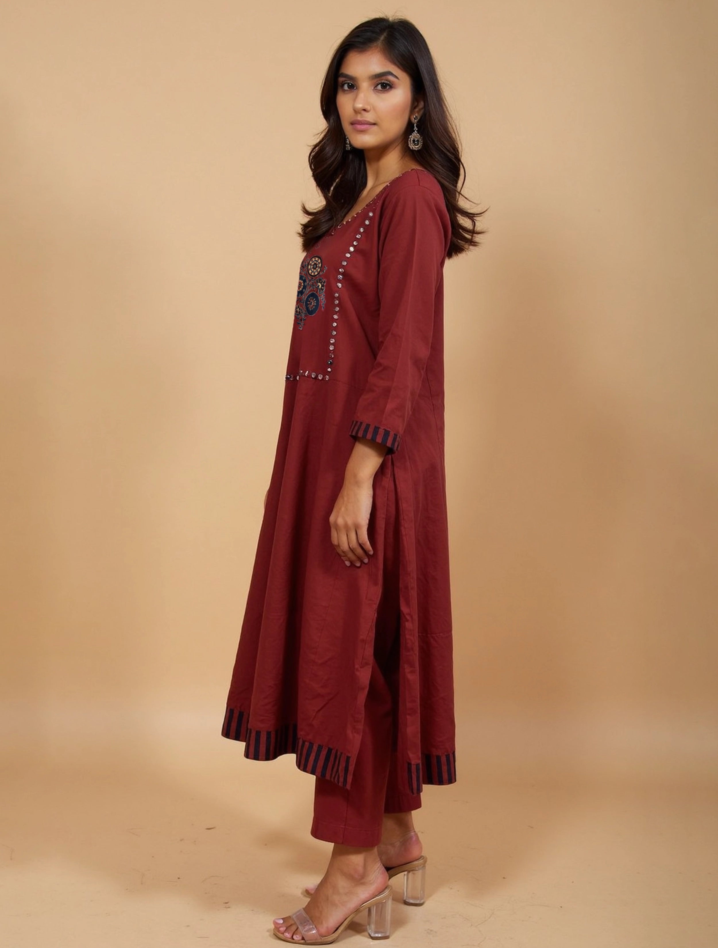 trueBrowns Maroon A-line Kurta Pant Dupatta Set