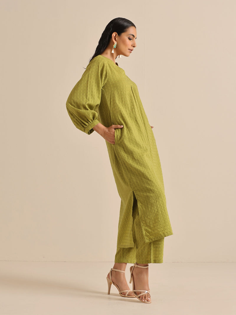 Fresh Green Dobby Puff Sleeve Kurta Pant Set