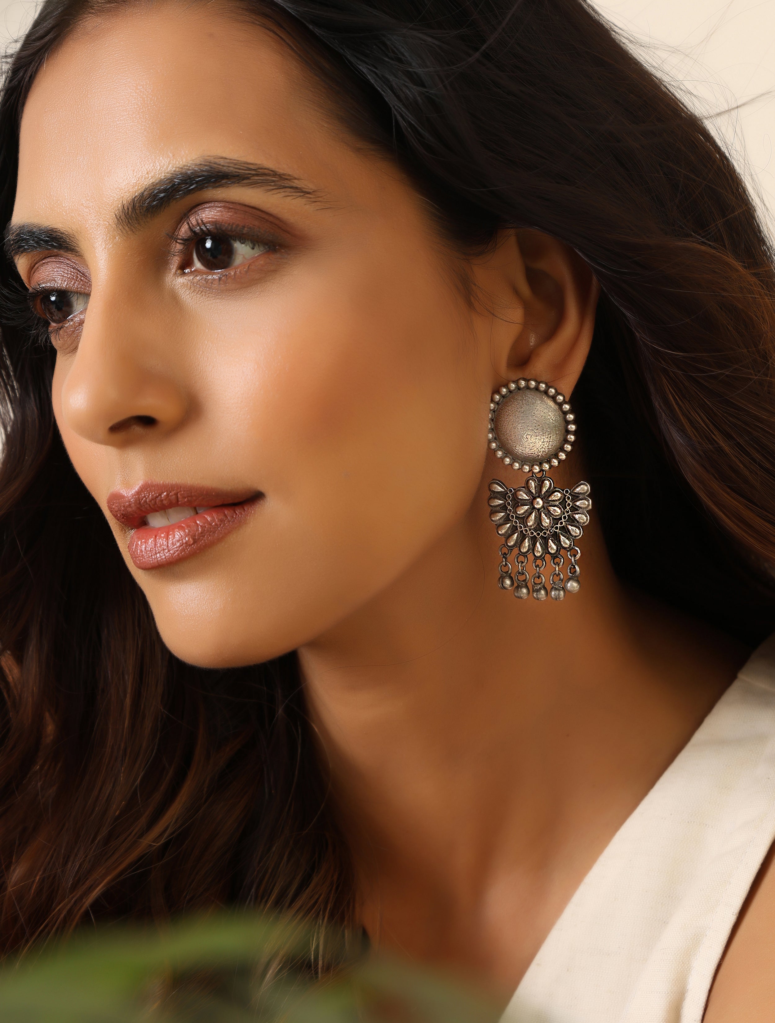 trueBrowns Silver Crescent Floral Earrings