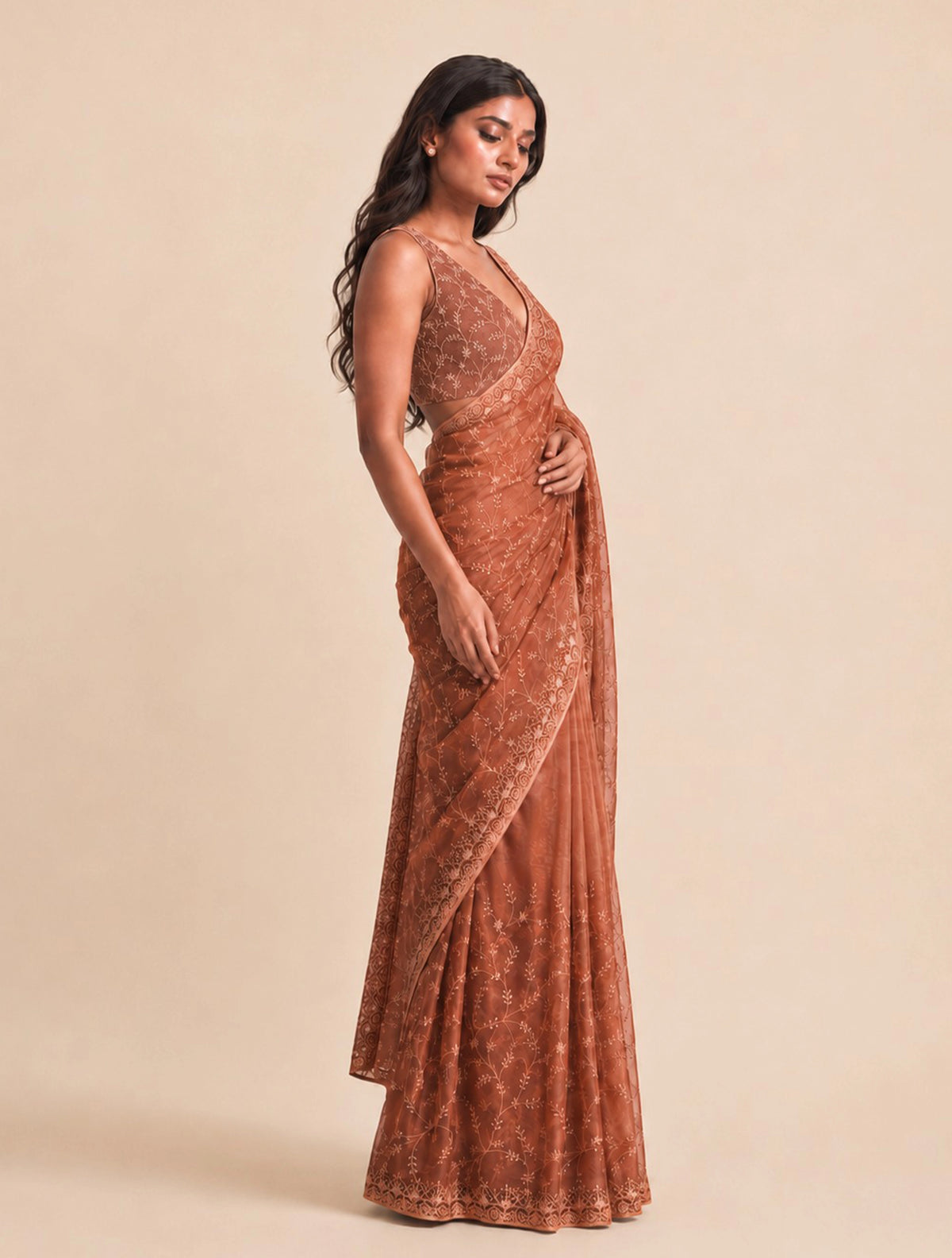 trueBrowns Brown Gold Embroidered Net Saree With Unstitched Blouse