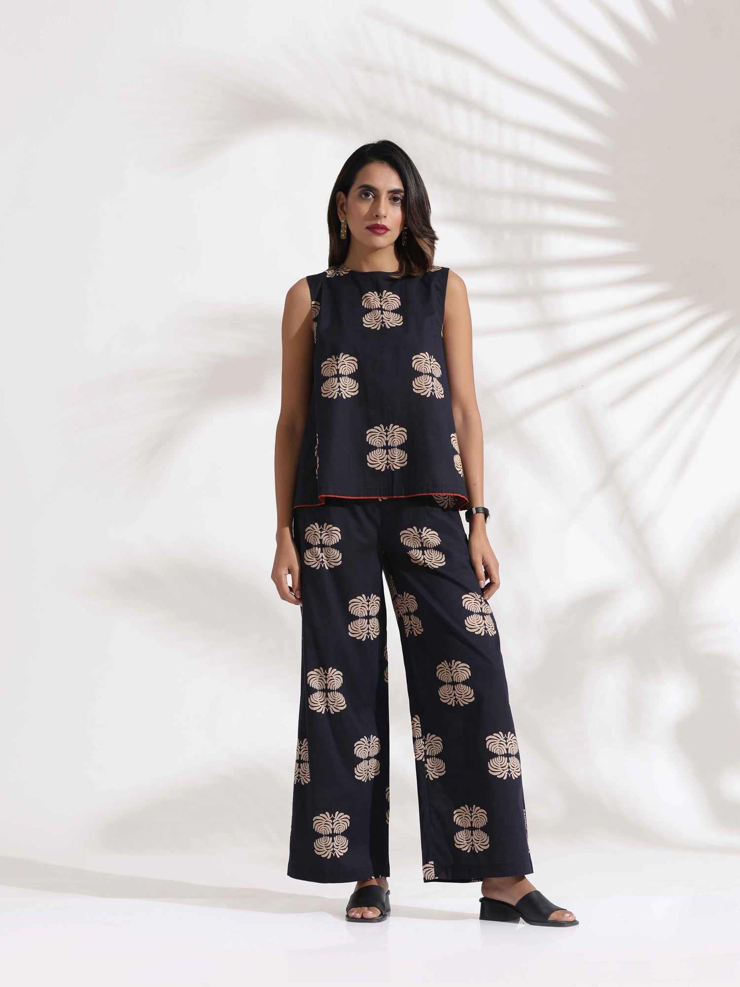 trueBrowns Black Cotton Print Top & Flared Pants Co-ord Set