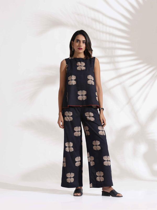 trueBrowns Black Cotton Print Top & Flared Pants Co-ord Set