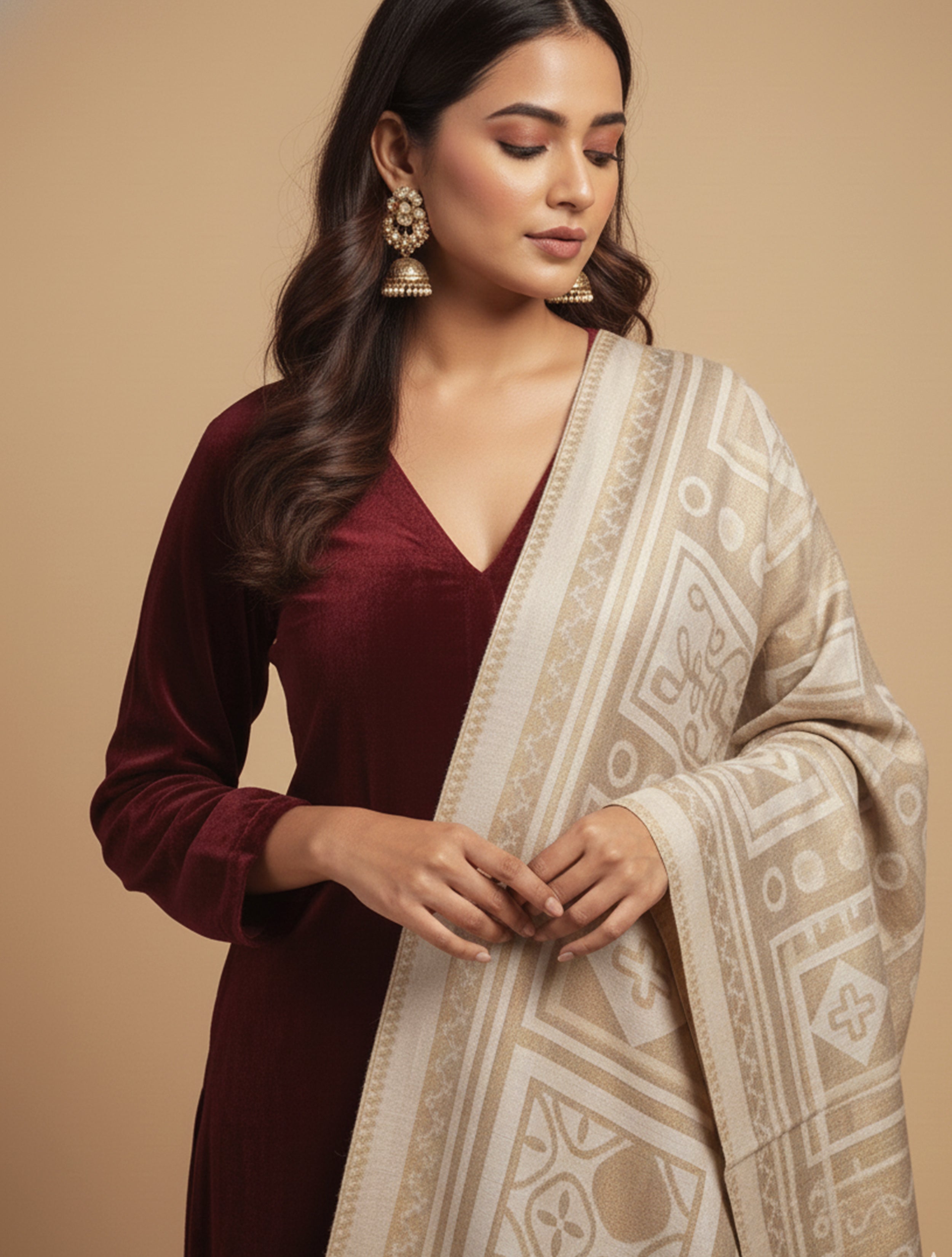 trueBrowns Beige Abstract Woollen Stole