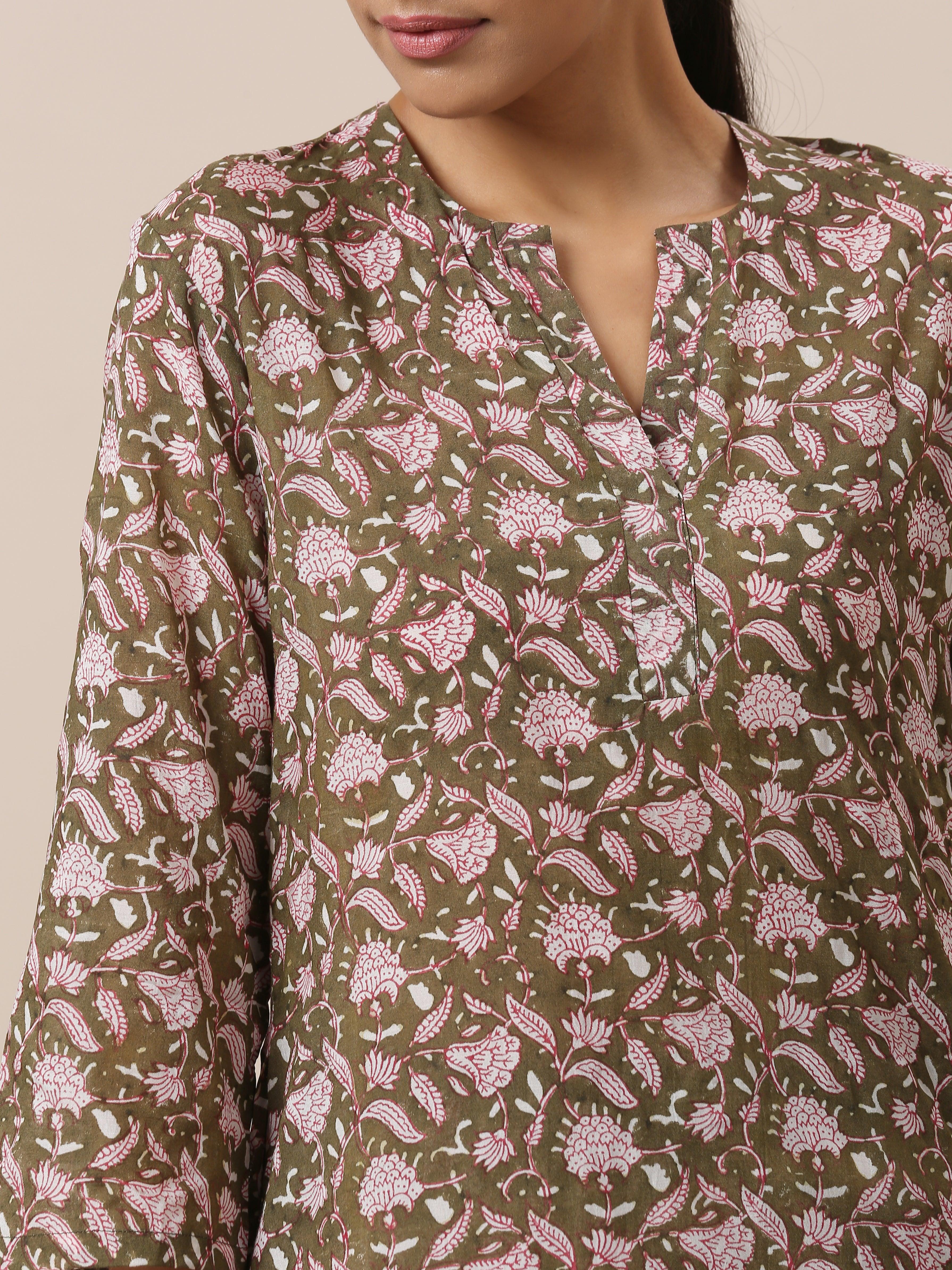 Cotton Hand Block Printed Olive Green Co-Ord Set - trueBrowns