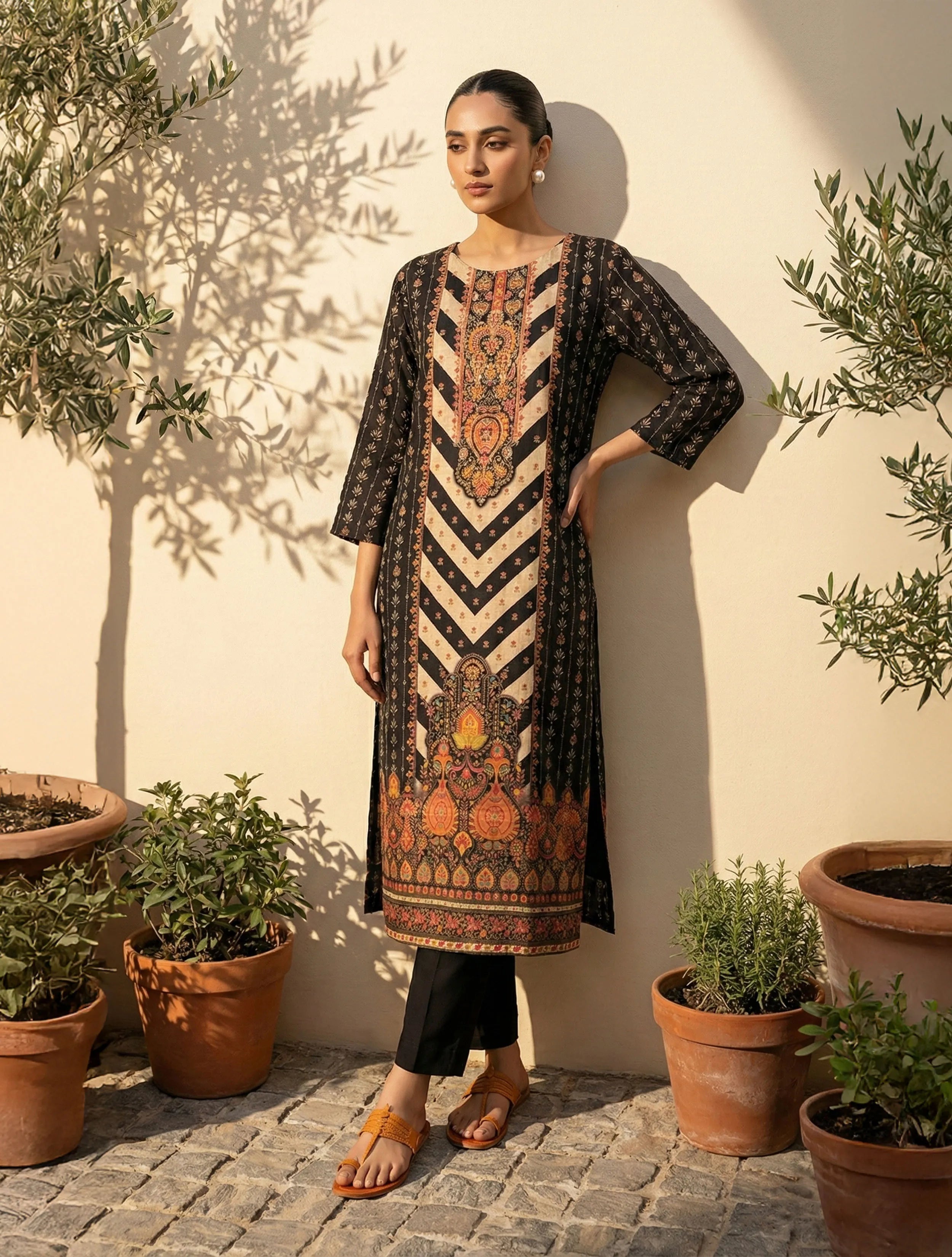 trueBrowns Black Print And Embroidered Kurta Pant Dupatta Set