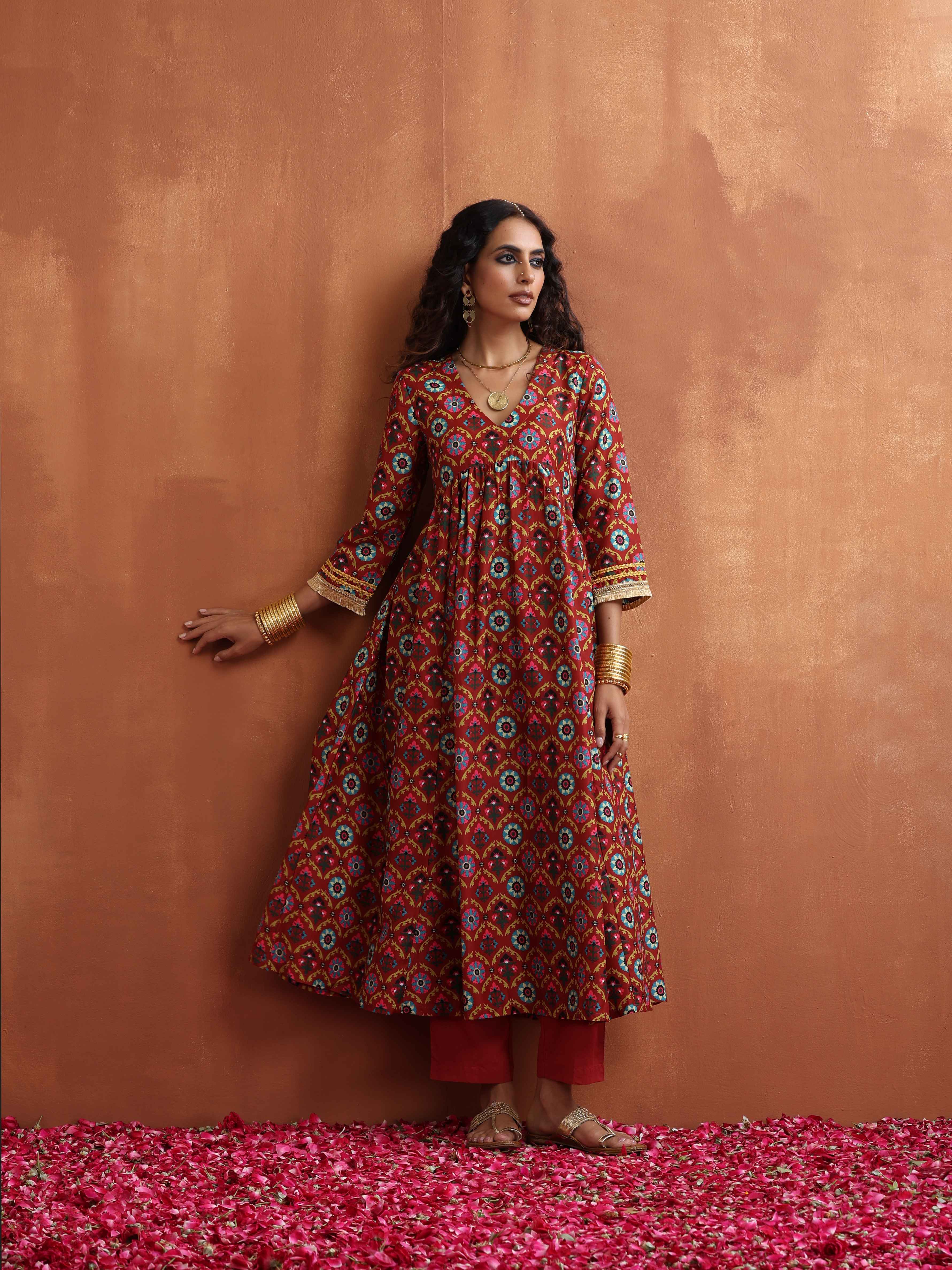 trueBrowns Maroon Print Flared Anarkali Kurta Set
