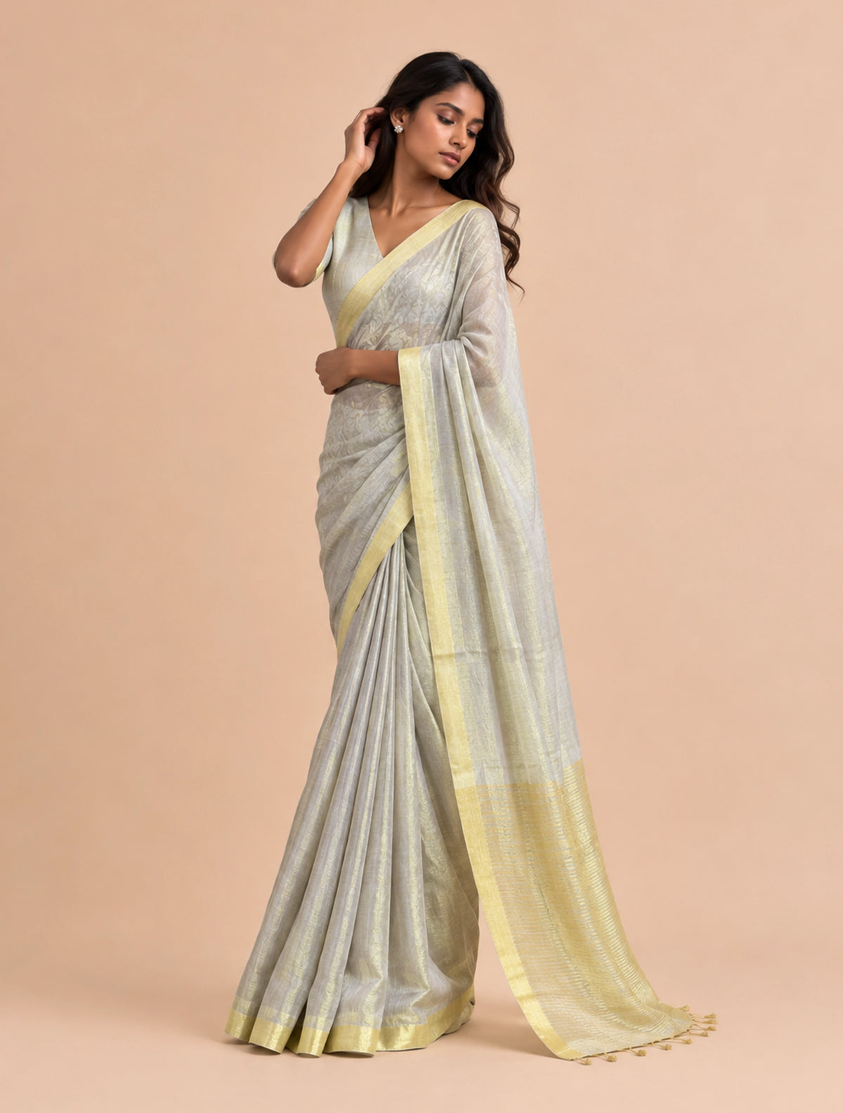 trueBrowns Grey Gold Tissue Silk Linen Handloom Saree With Unstitched Blouse