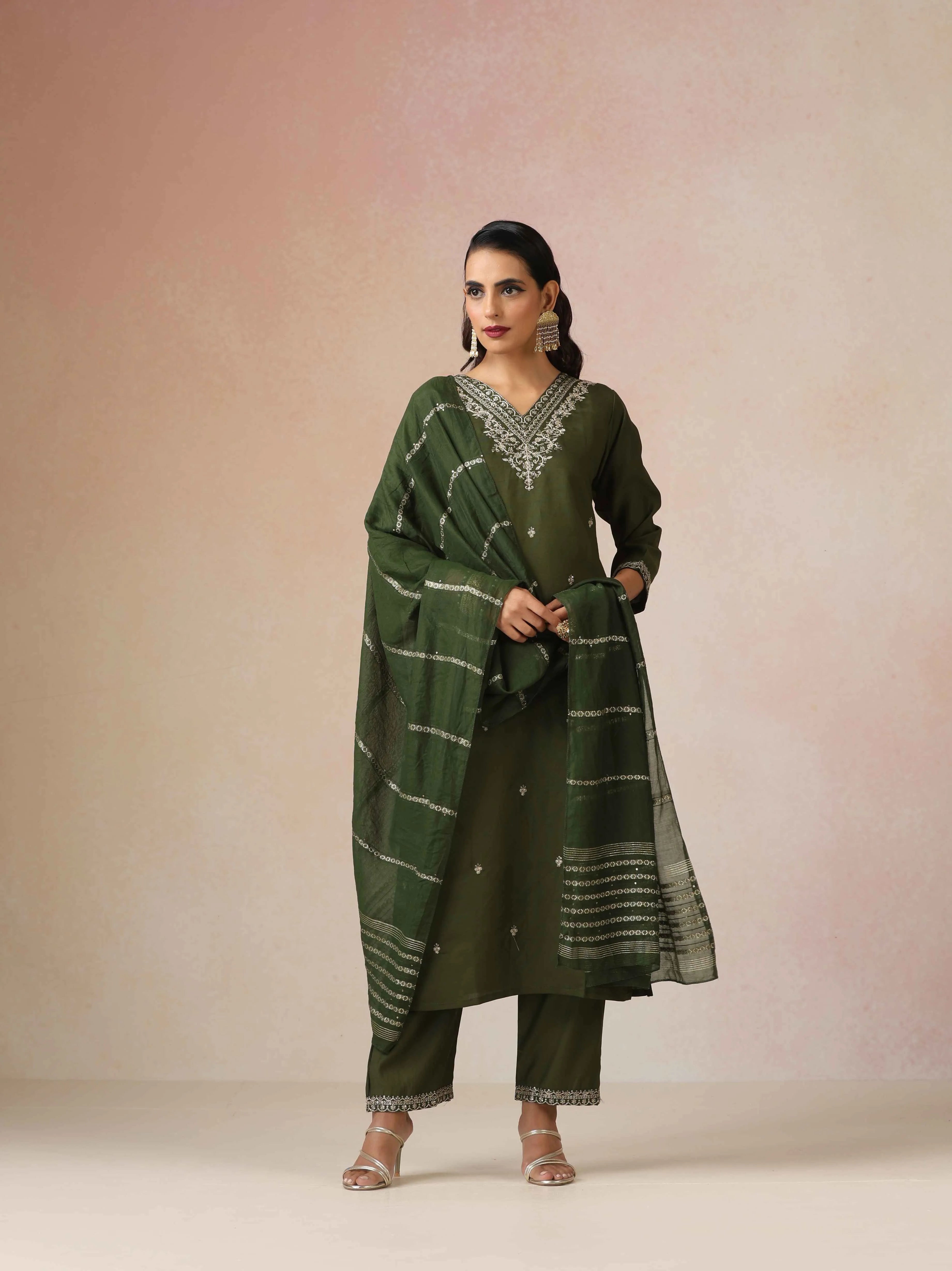 trueBrowns Green All Over Embroidered Straight Kurta 3pc Set