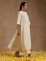 Ivory Gold Cotton Neck Pleat Kurta Set