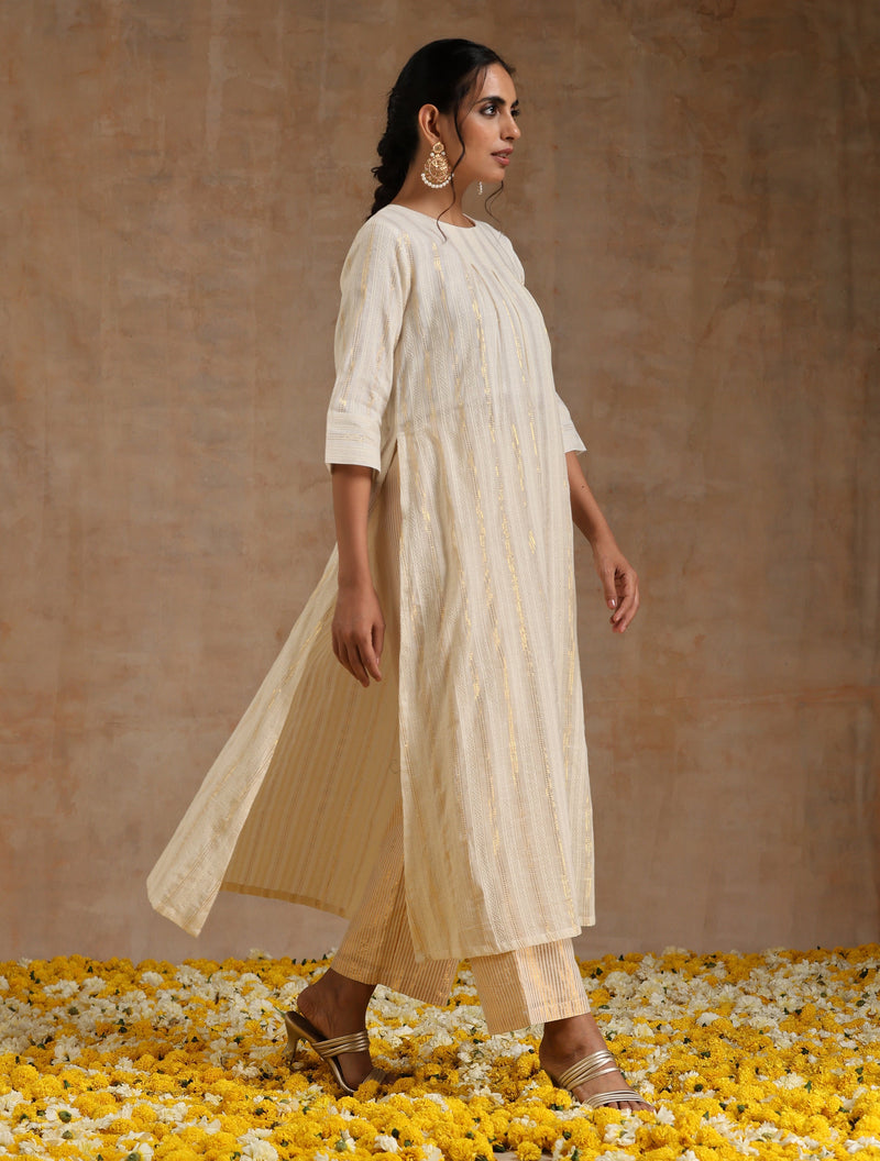 Ivory Gold Cotton Neck Pleat Kurta Set
