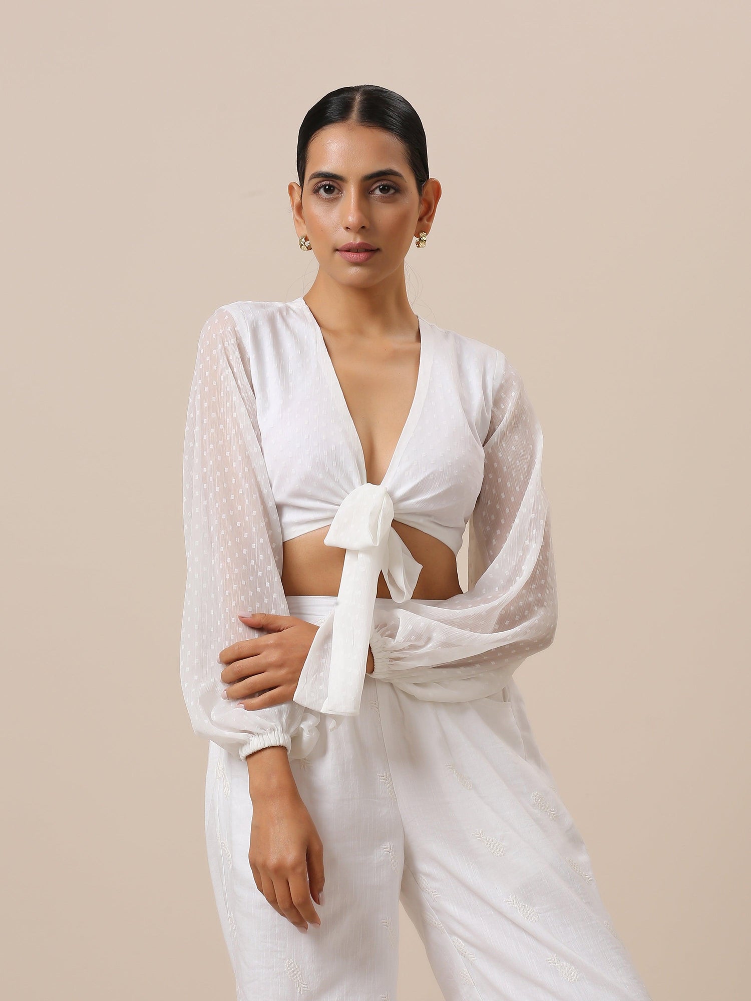 Chiffon White Dobby Tie Up Top - trueBrowns