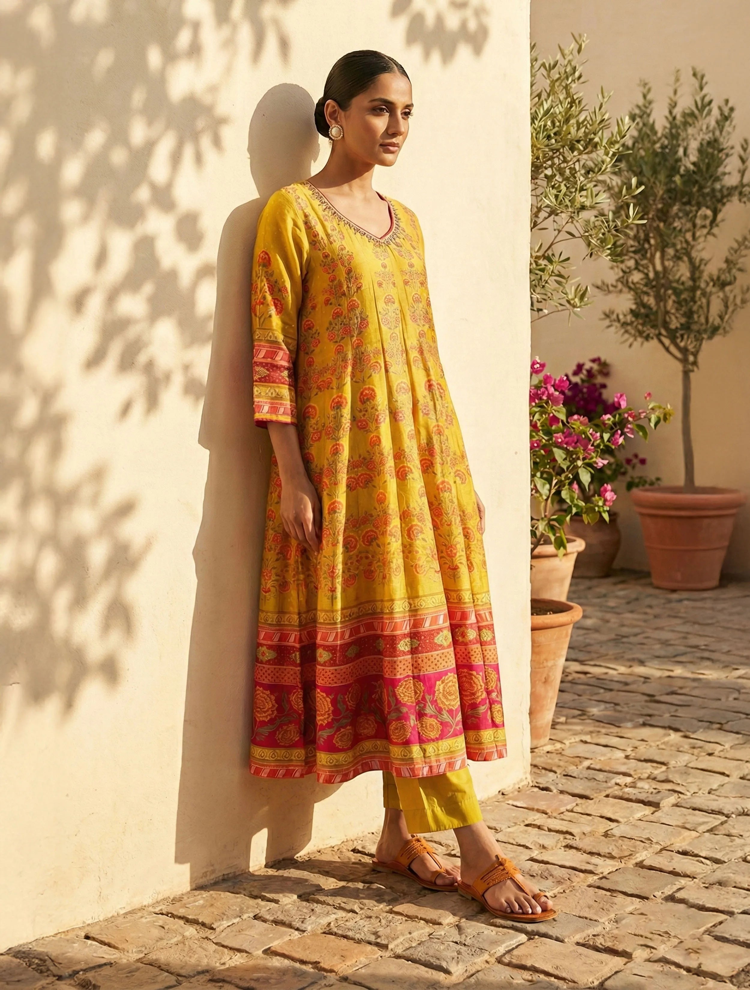 trueBrowns Yellow Floral Print Embroidered Anarkali Kurta Pant Dupatta Set