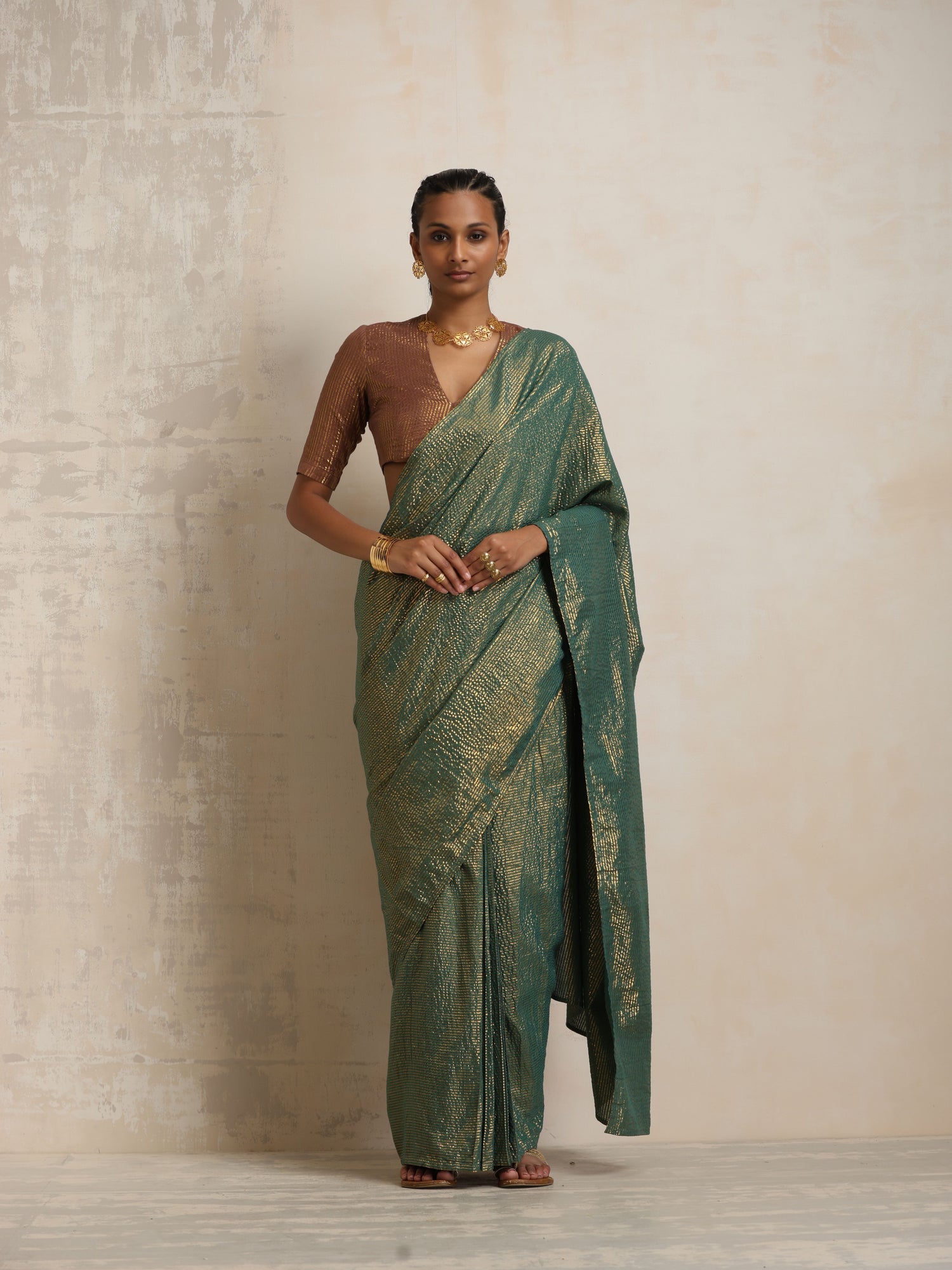 trueBrowns Dark Green Gold Lurex Ready To Wear Saree