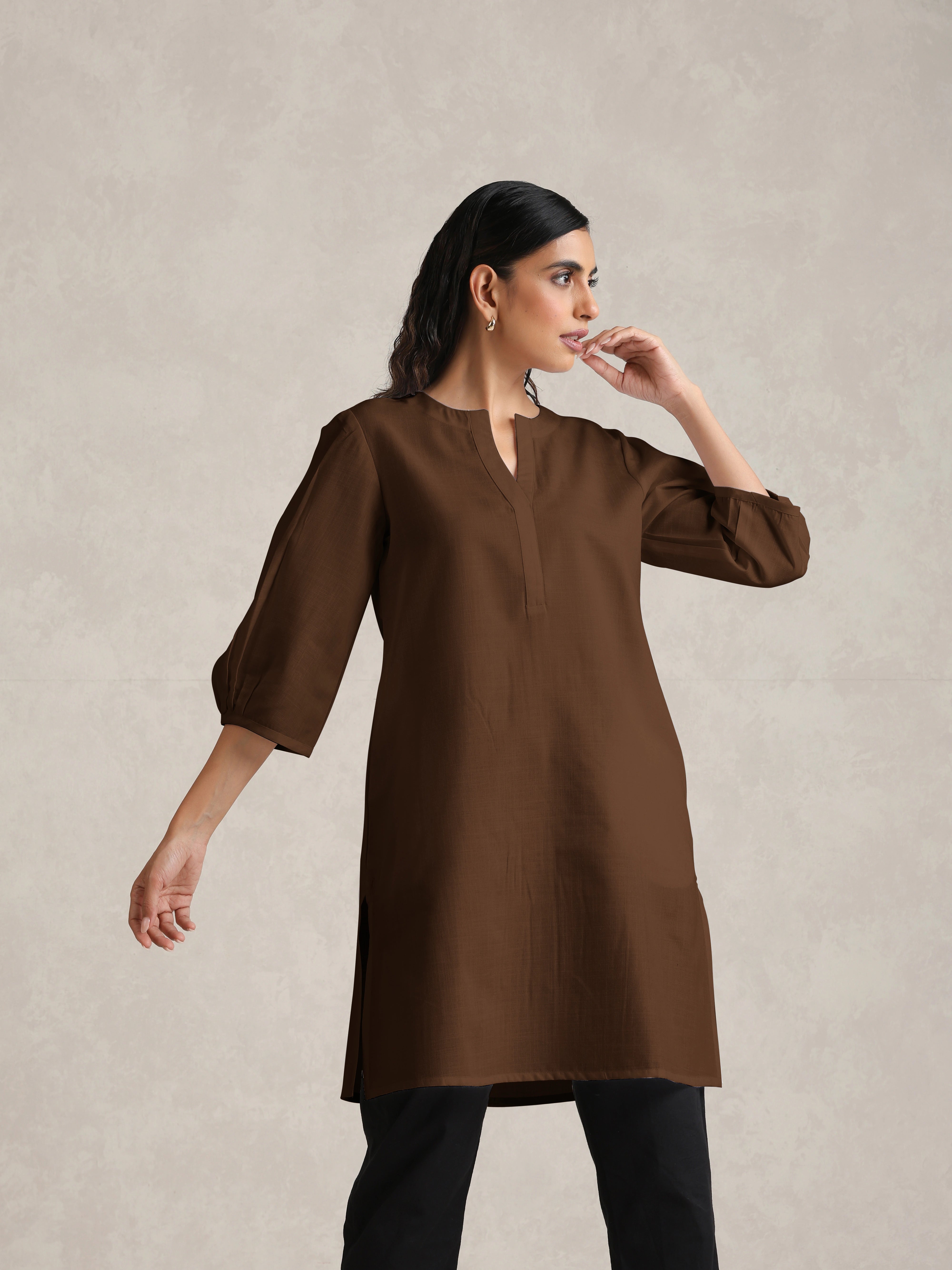trueBrowns Brown Cotton Blend Short Kurta