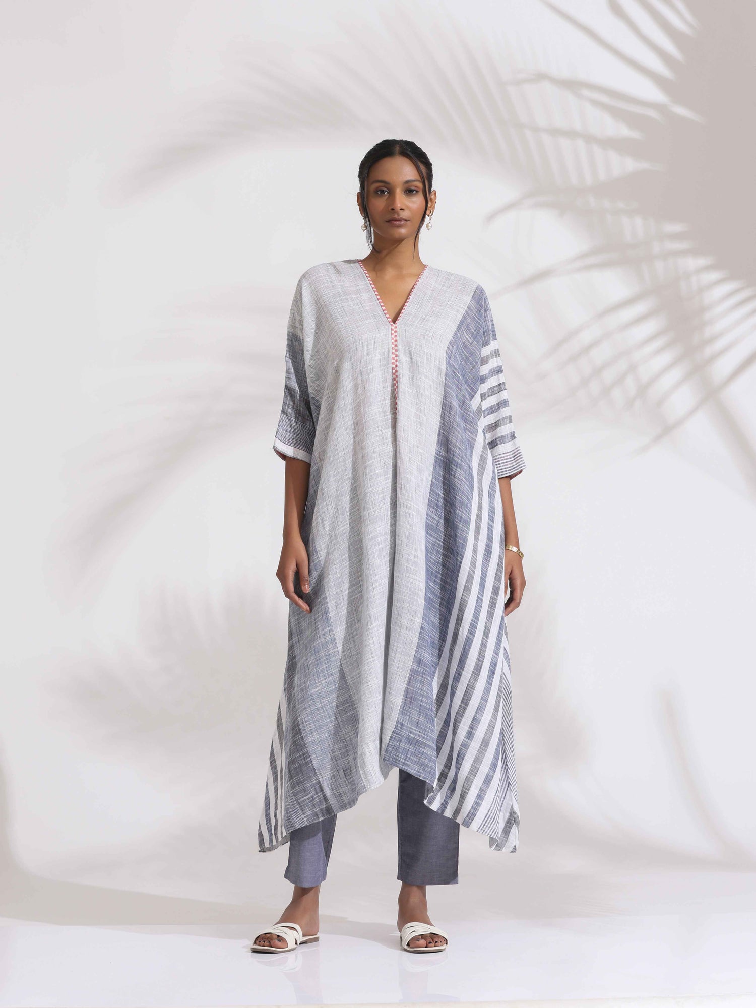 trueBrowns Off-White Cotton Multi Stripe Flared Kurta Set