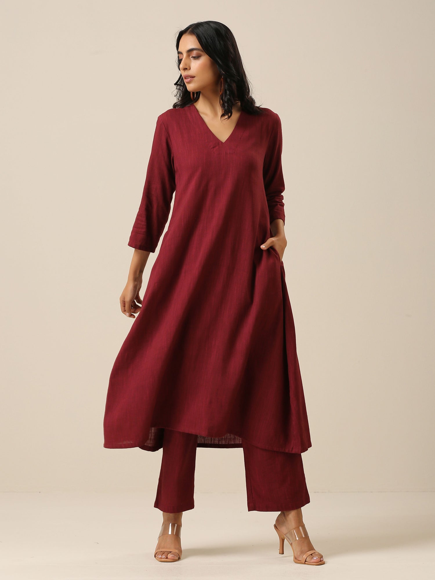 Ruby Wine Slub Texture Back Pleat Kurta Pant Set