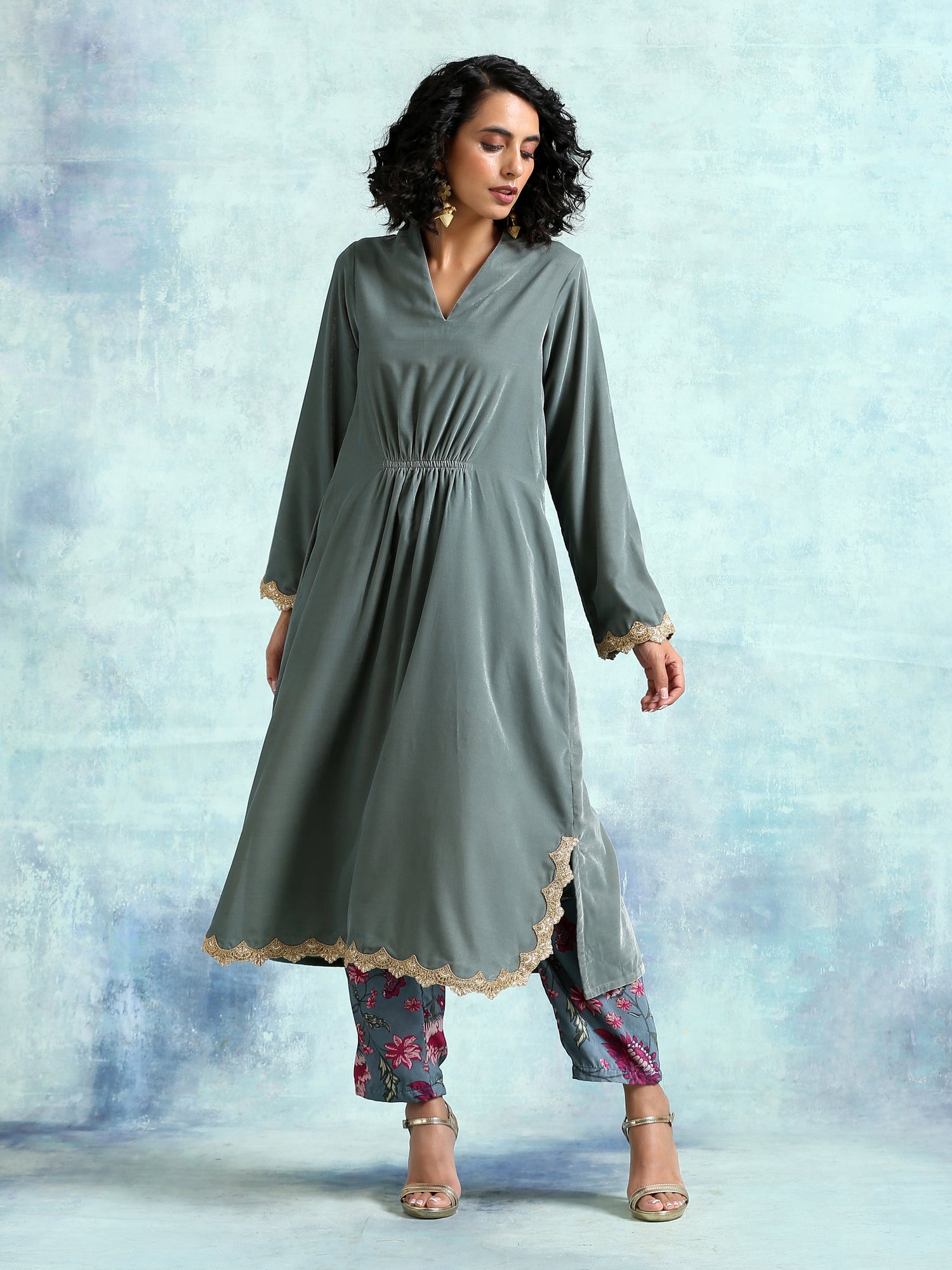 Grey Velvet Lace Kurta Pant Set