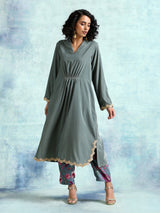Grey Velvet Lace Kurta Pant Set