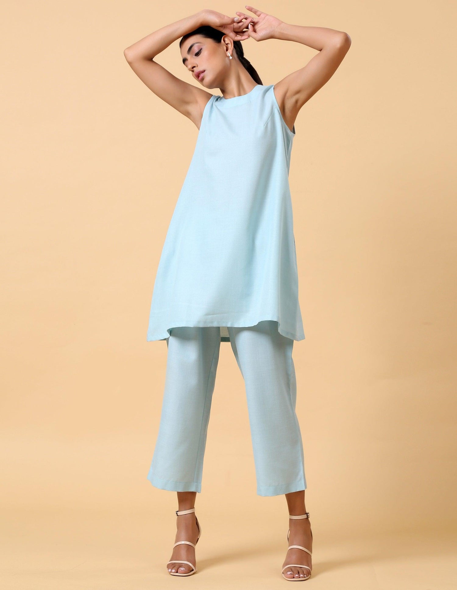 Cotton Linen Light Blue Sleeveless Co-Ord Set - trueBrowns