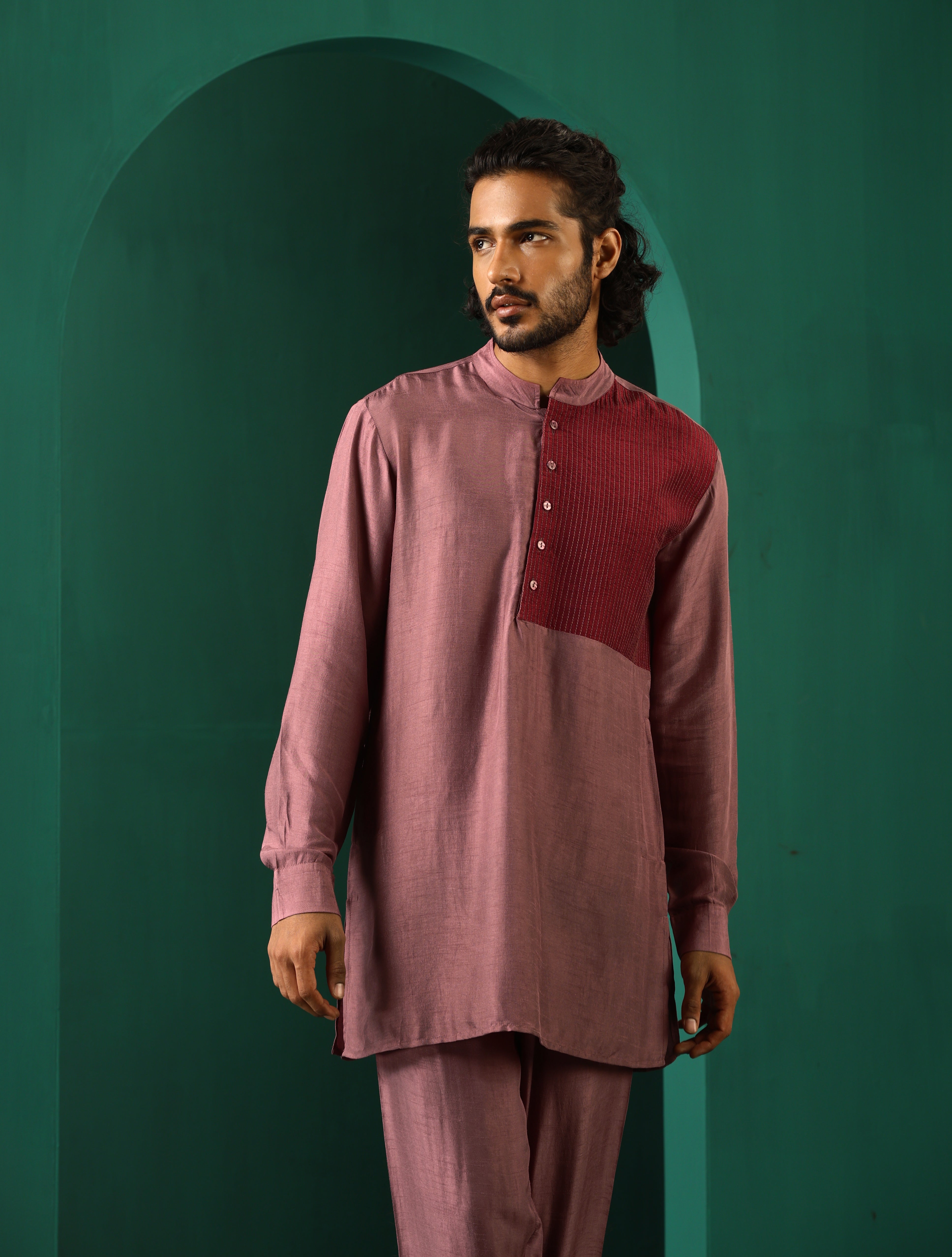 trueBrowns Men Light Mauve Silk Co-ord Set