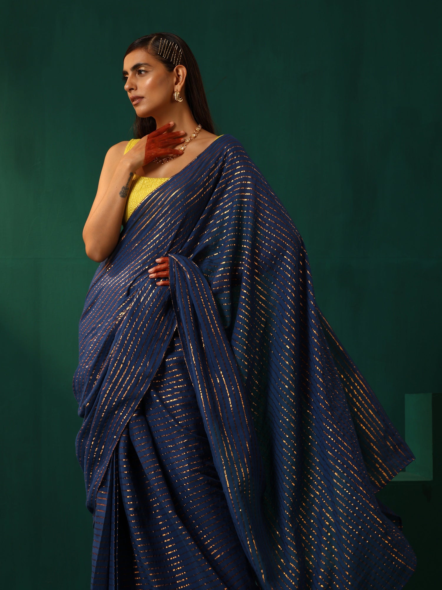 trueBrowns Royal Blue Cotton Gold Striped Ready To Wear Saree