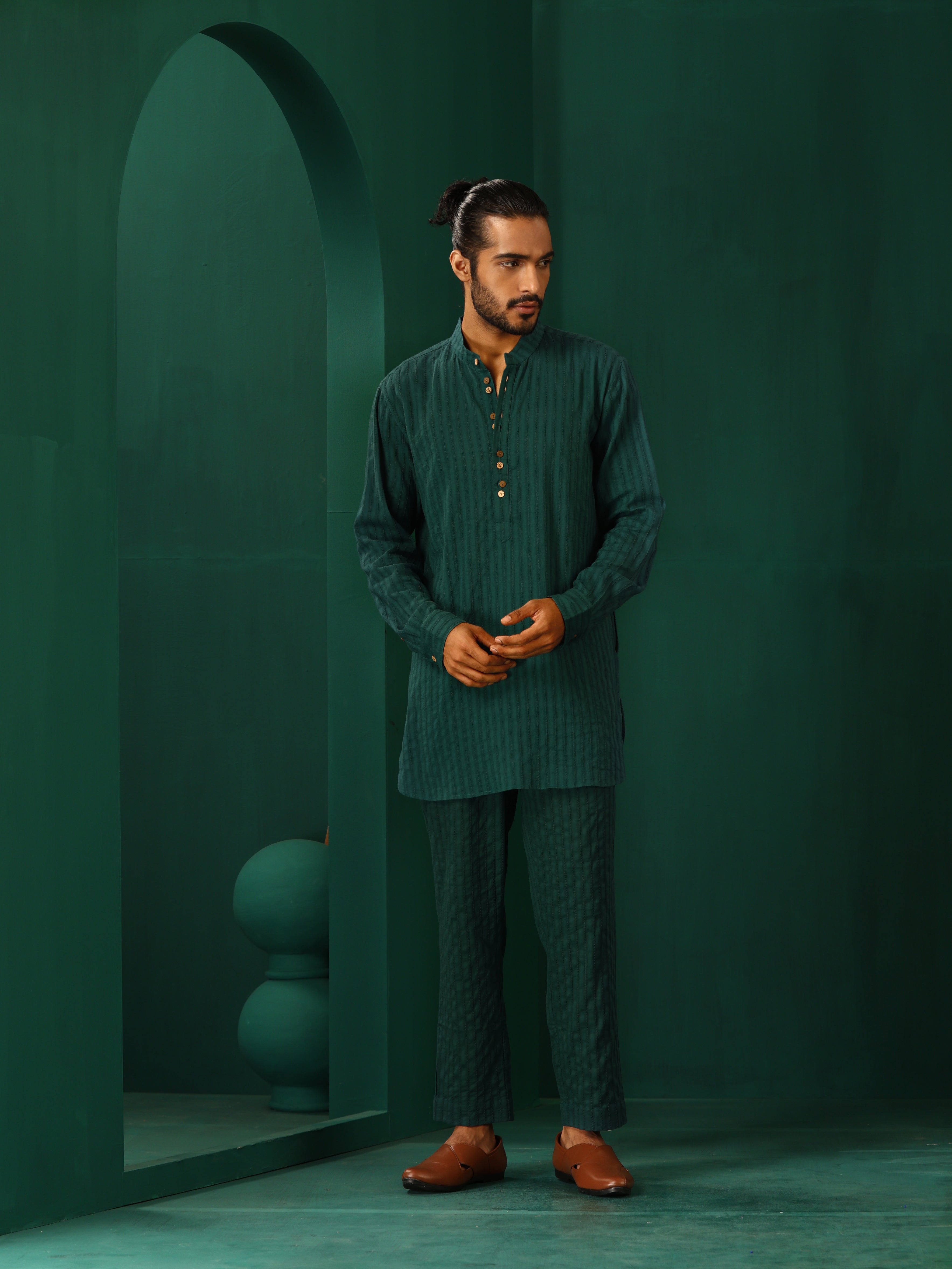 trueBrowns Men Turquoise Dobby Co-ord Set