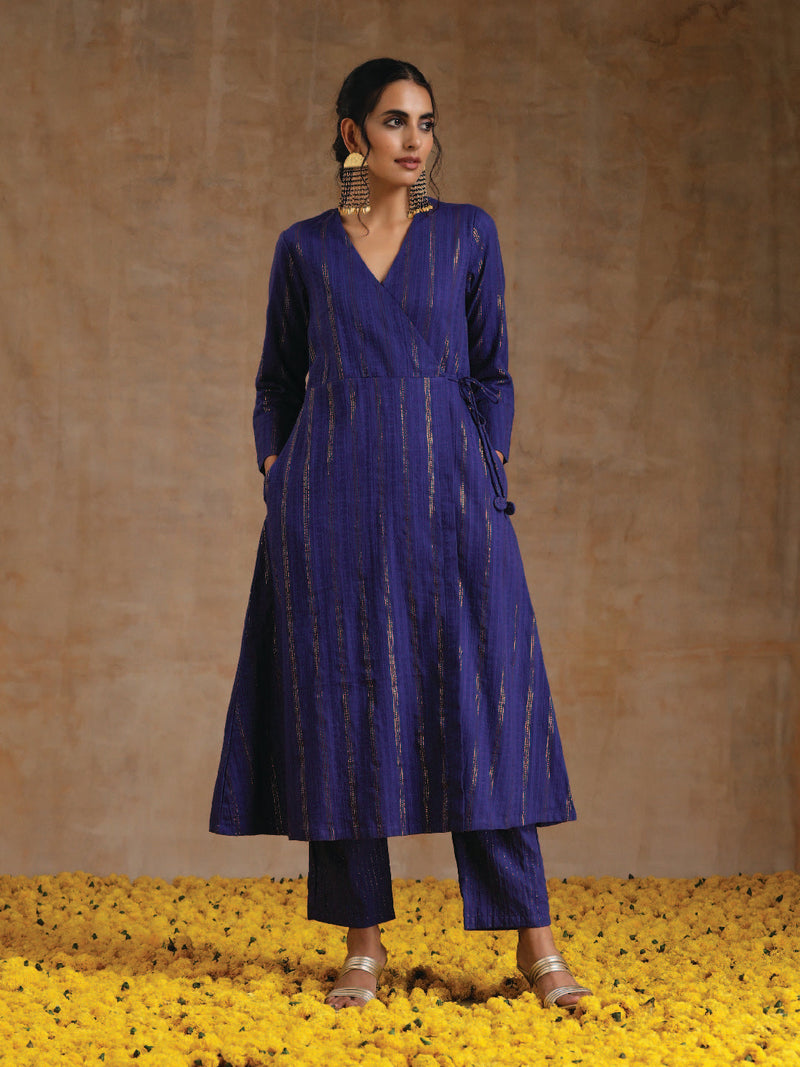 Spectrum Blue Gold Cotton Angrakha Kurta Set