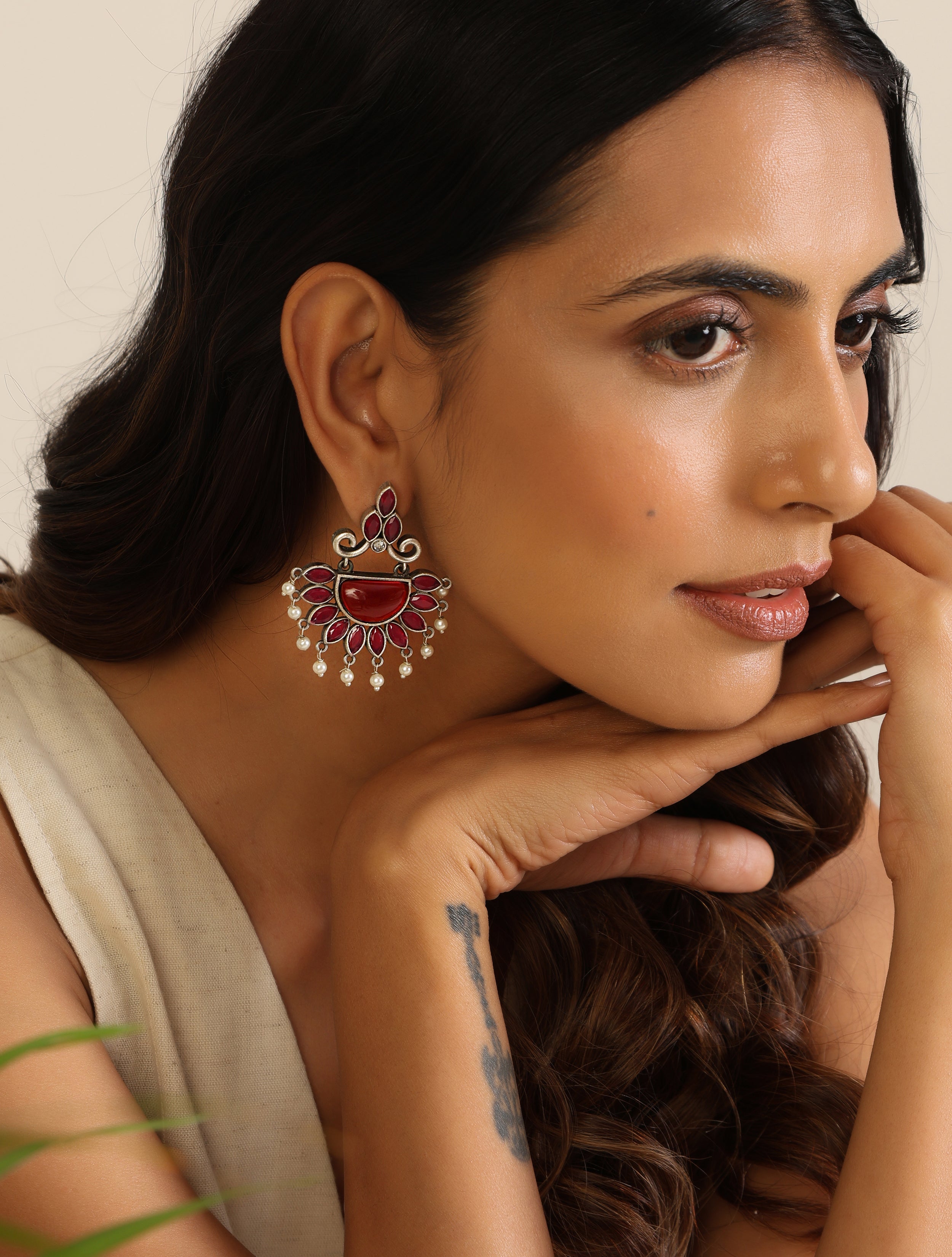 trueBrowns Silver Half Circular Stone Earrings