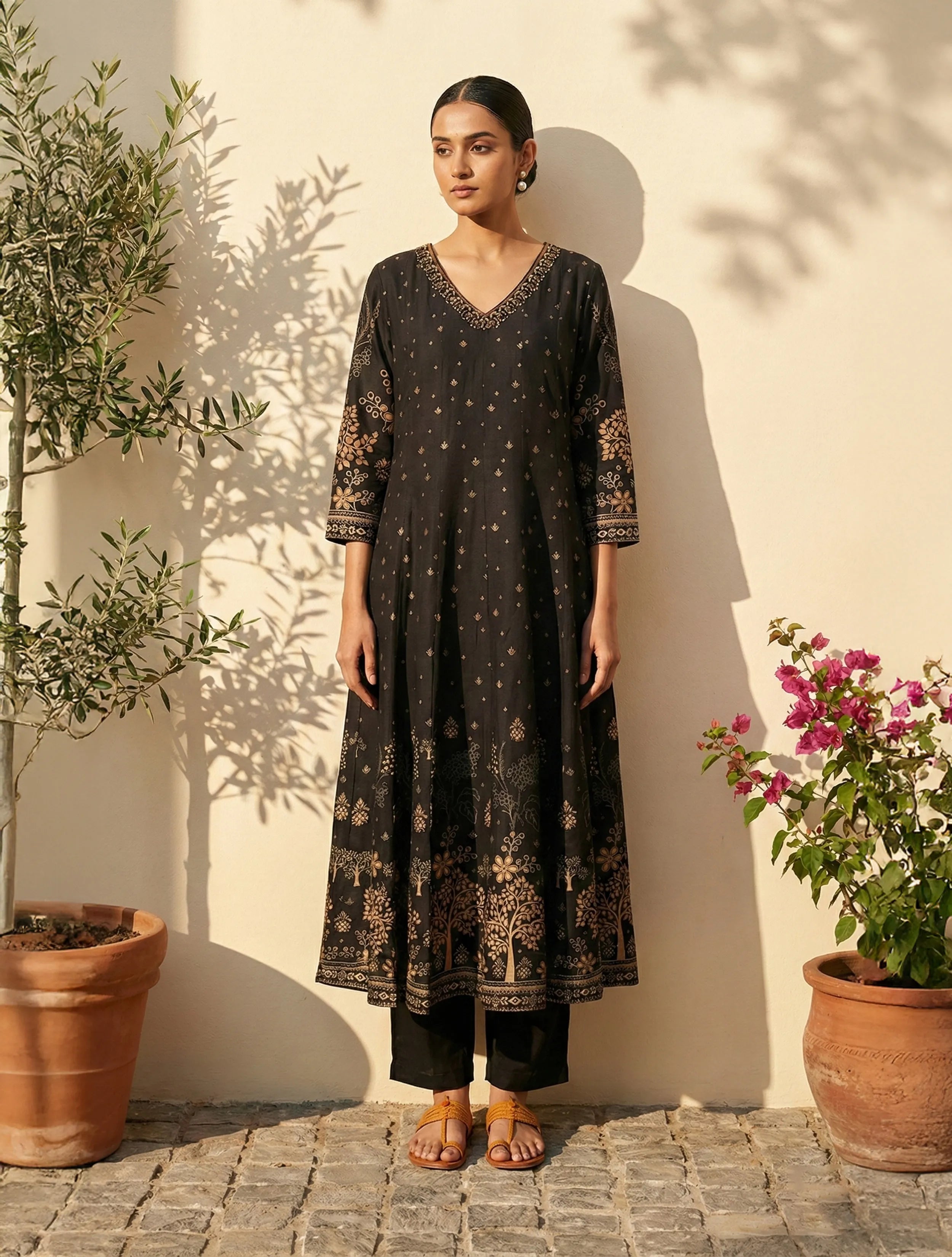 trueBrowns Black Print Embroidered Anarkali Kurta Pant Dupatta Set
