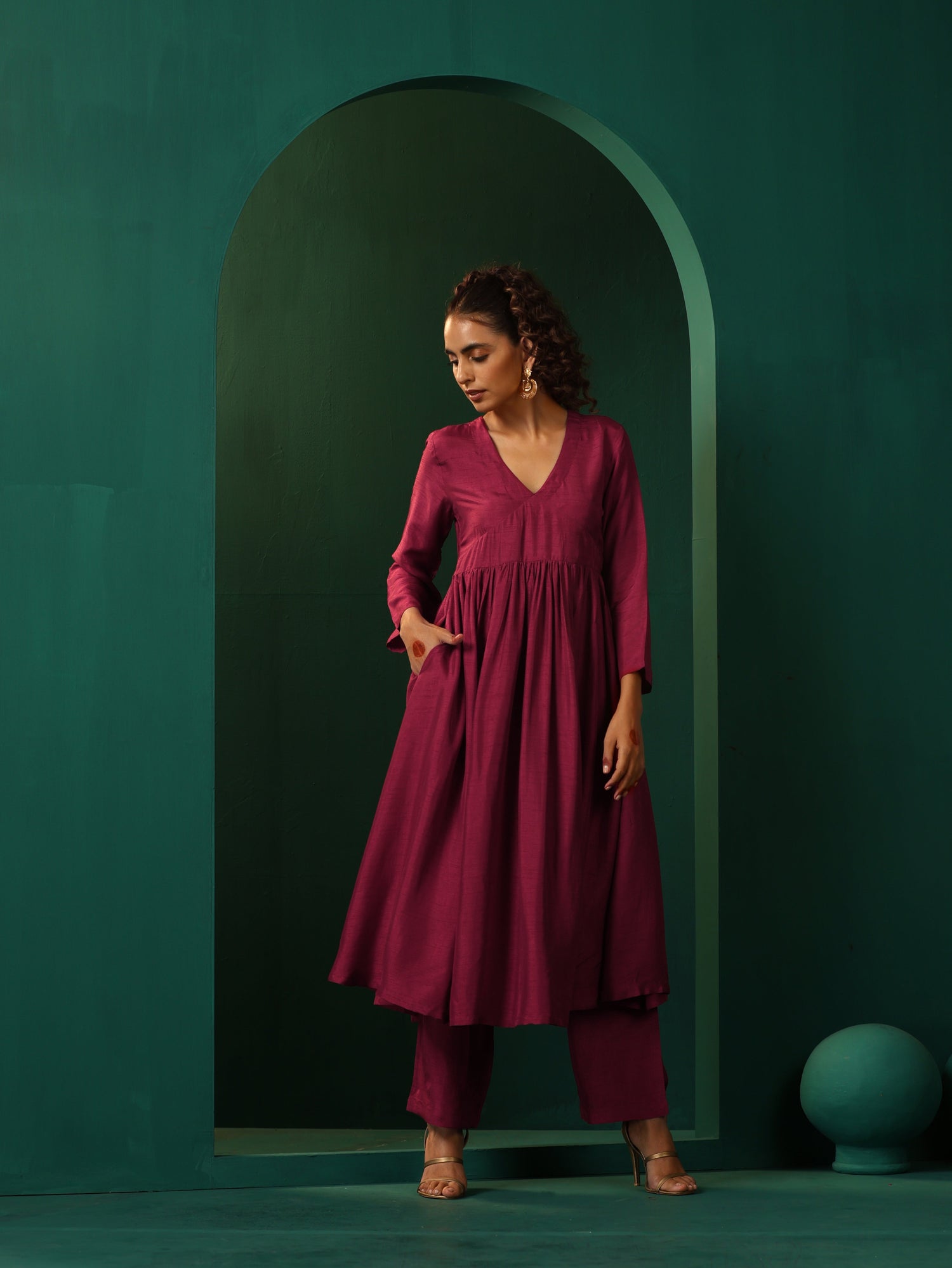 trueBrowns Maroon Silk Angrakha Kurta Pant Set
