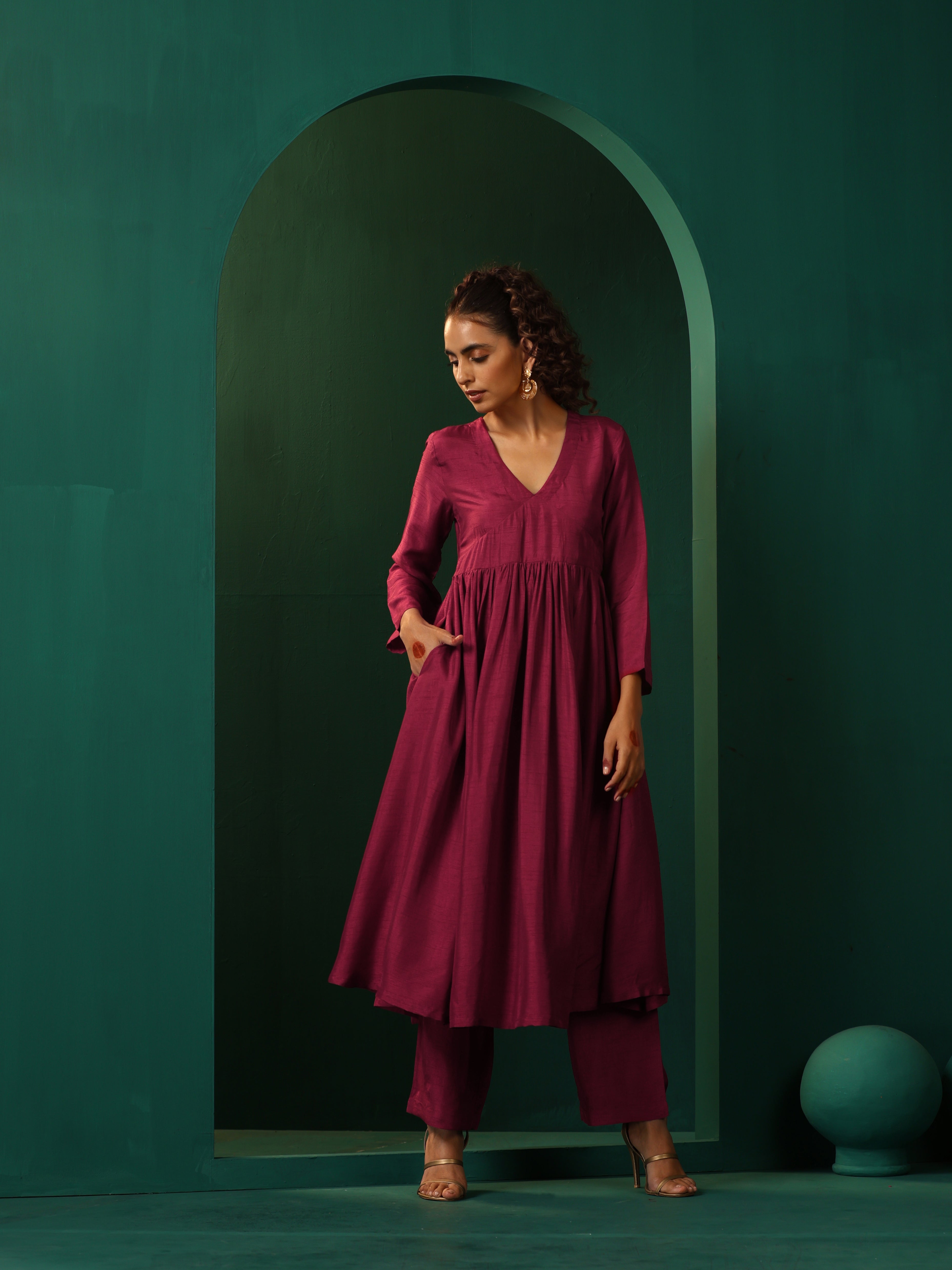 trueBrowns Maroon Silk Angrakha Kurta Pant Set