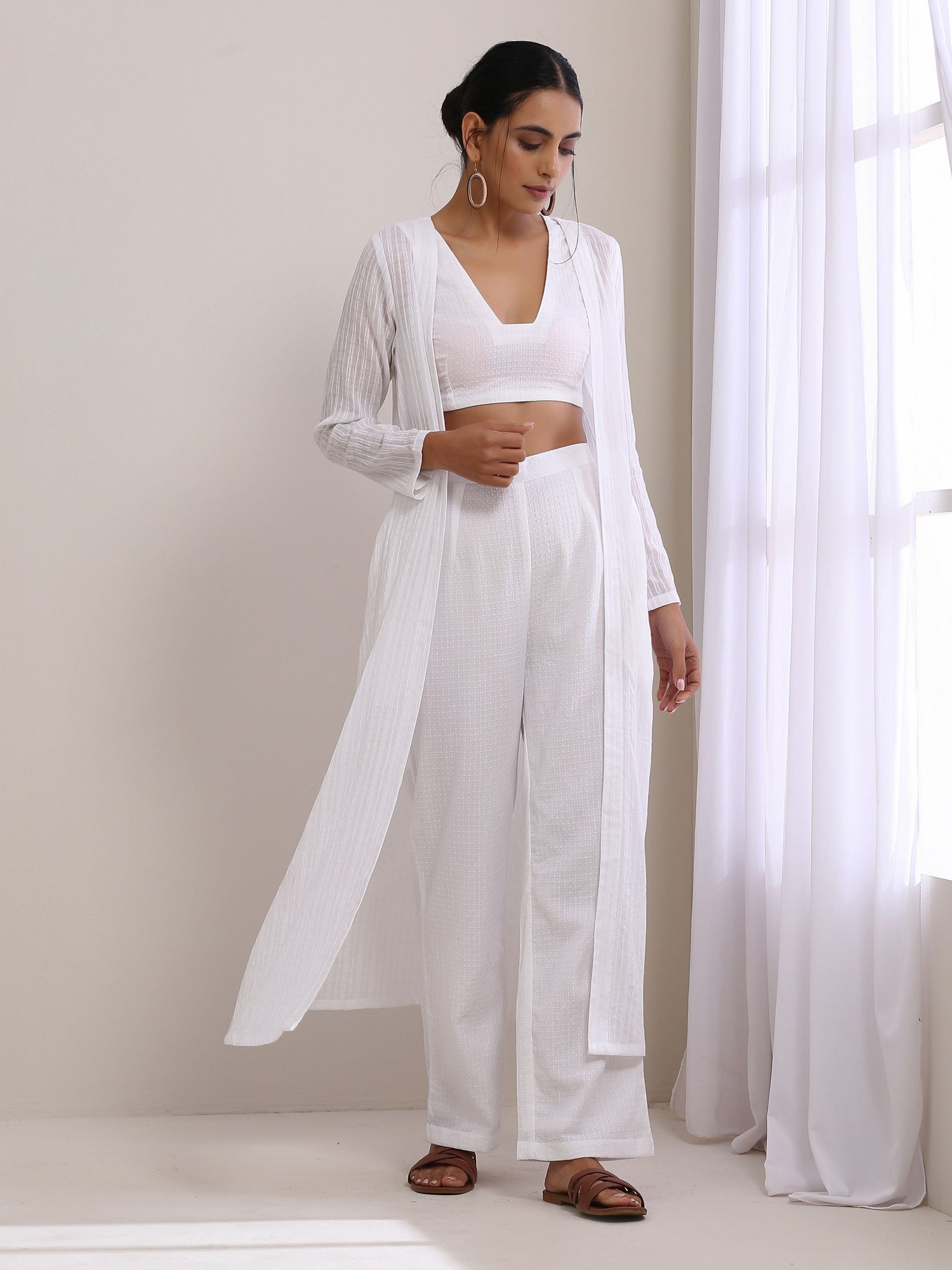 White Dobby Overlay Jacket Blouse Pant Set