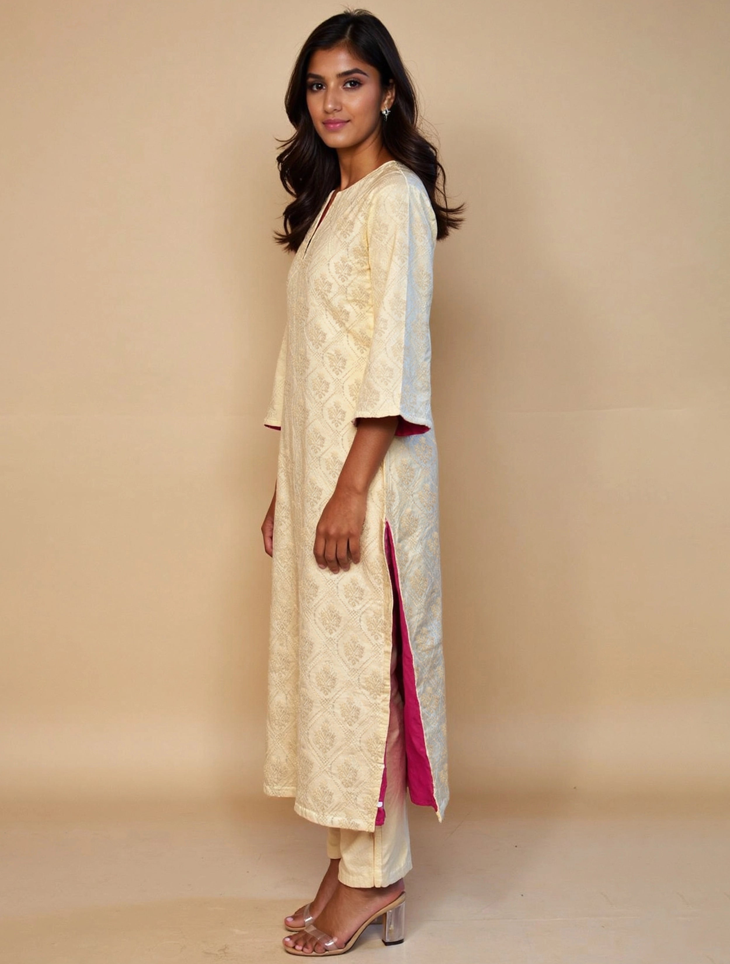 trueBrowns Ivory Brocade Straight High-Slit Kurta Set