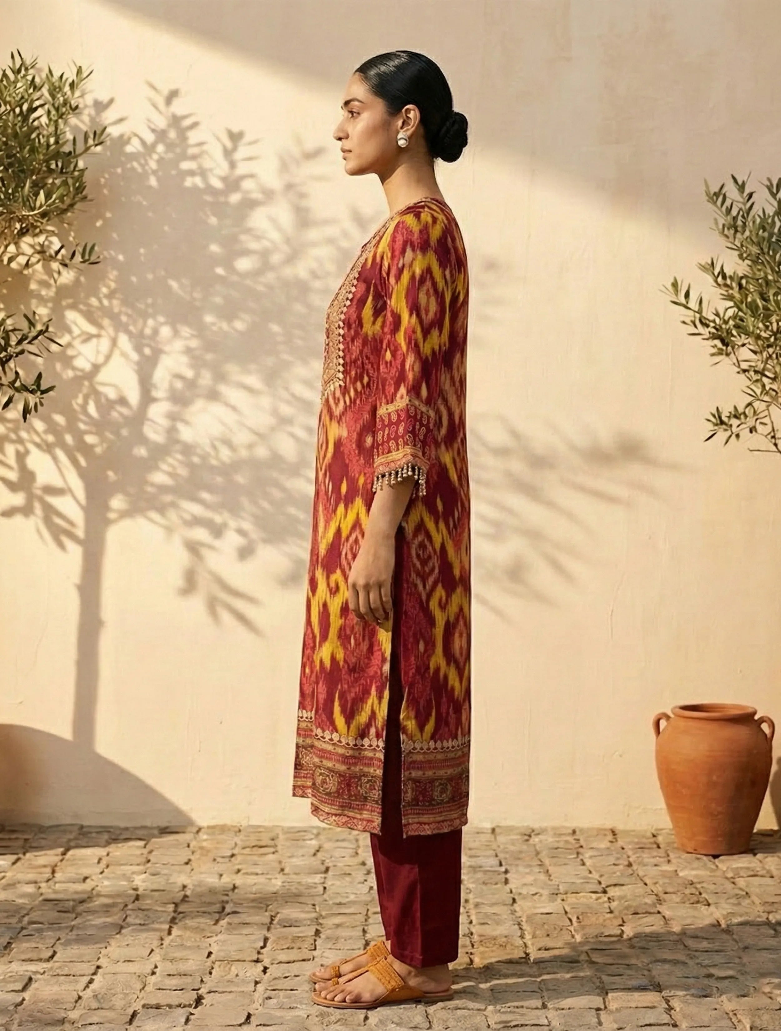 trueBrowns Red Ikat Print Embroidered V-Neck Kurta Pant Dupatta Set