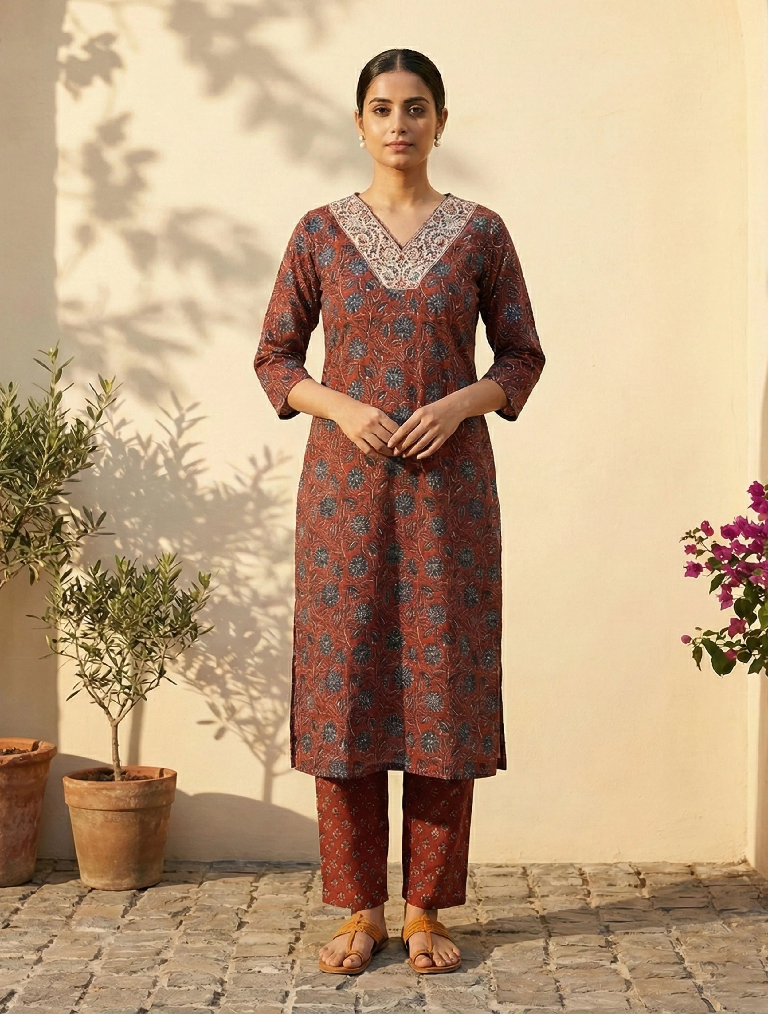 trueBrowns Rust Floral Print Embroidered V-Neck Kurta Pant Dupatta Set