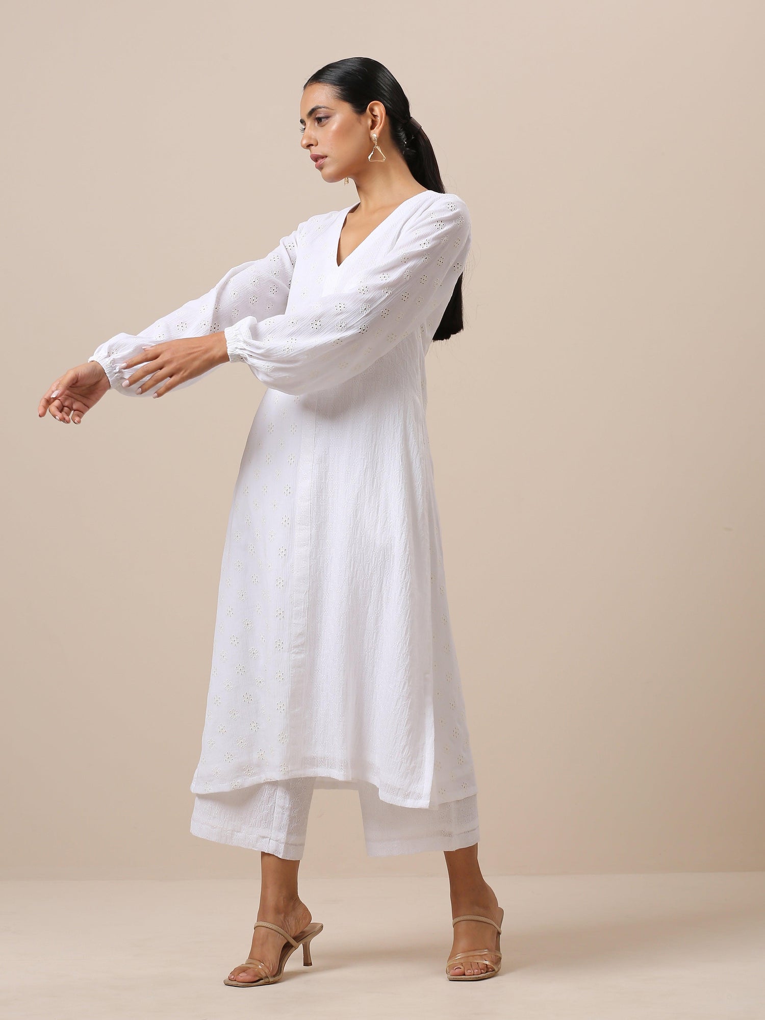 Cotton White Schiffli Weave Kurta Pant Set - trueBrowns