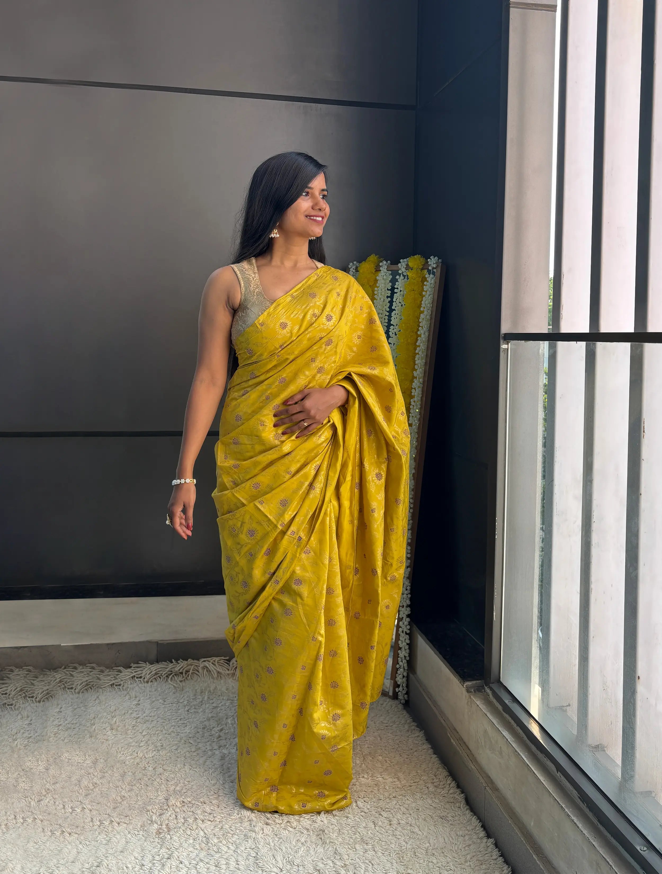 trueBrowns Lime Foil Print Saree With Unstitched Blouse