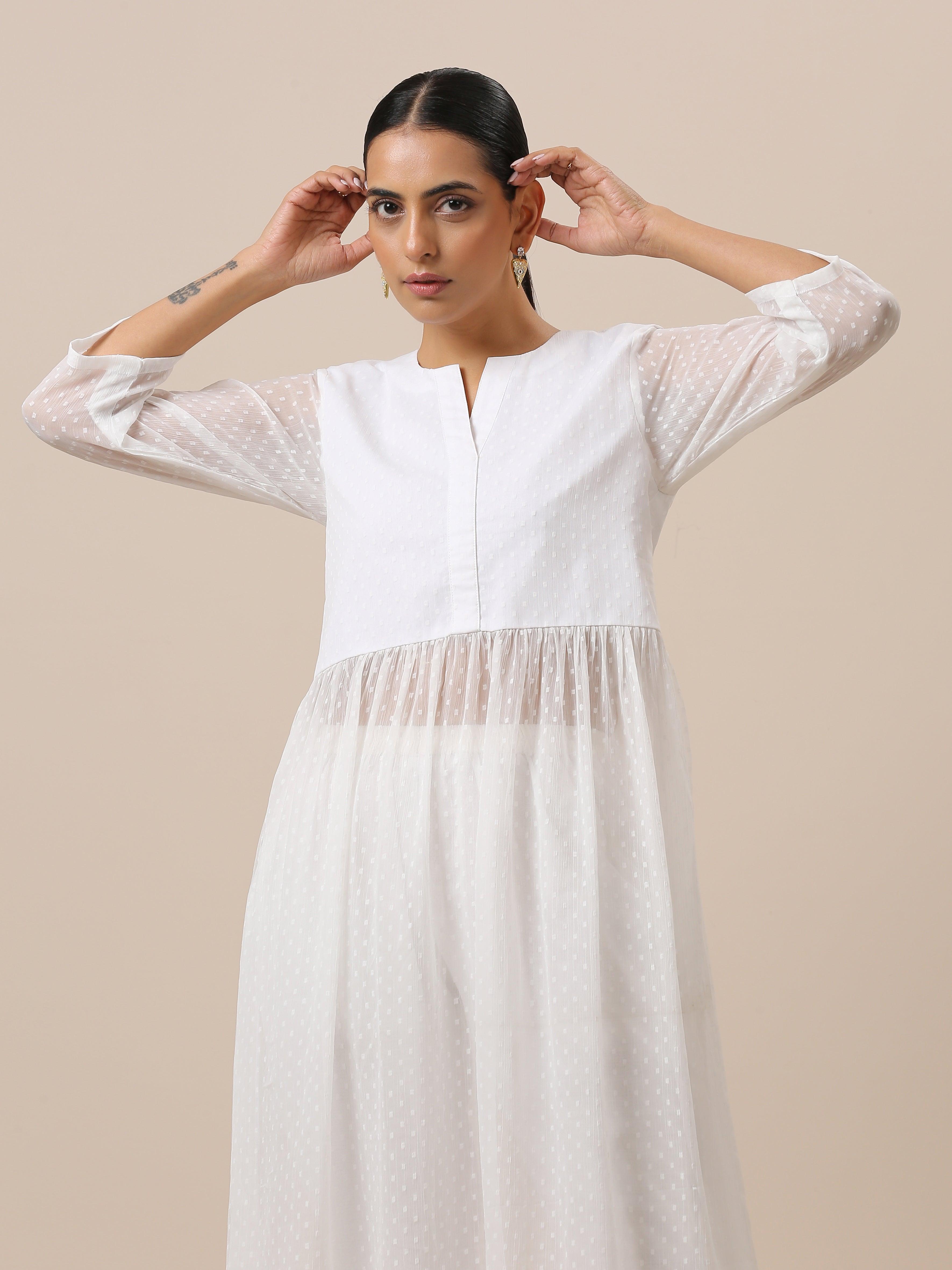 Chiffon White Dobby Flared Kurta Pant Set - trueBrowns