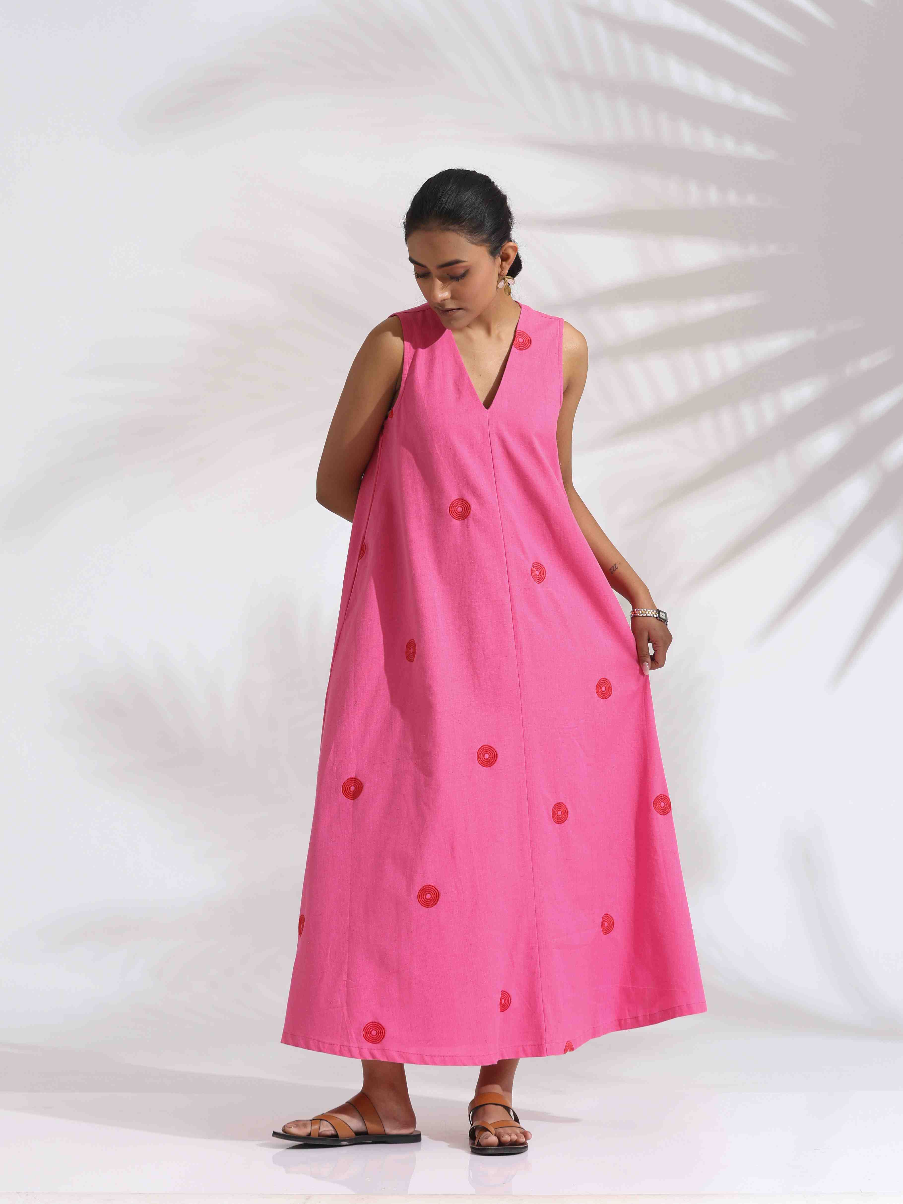 trueBrowns Pink Cotton Embroidered Flared Dress