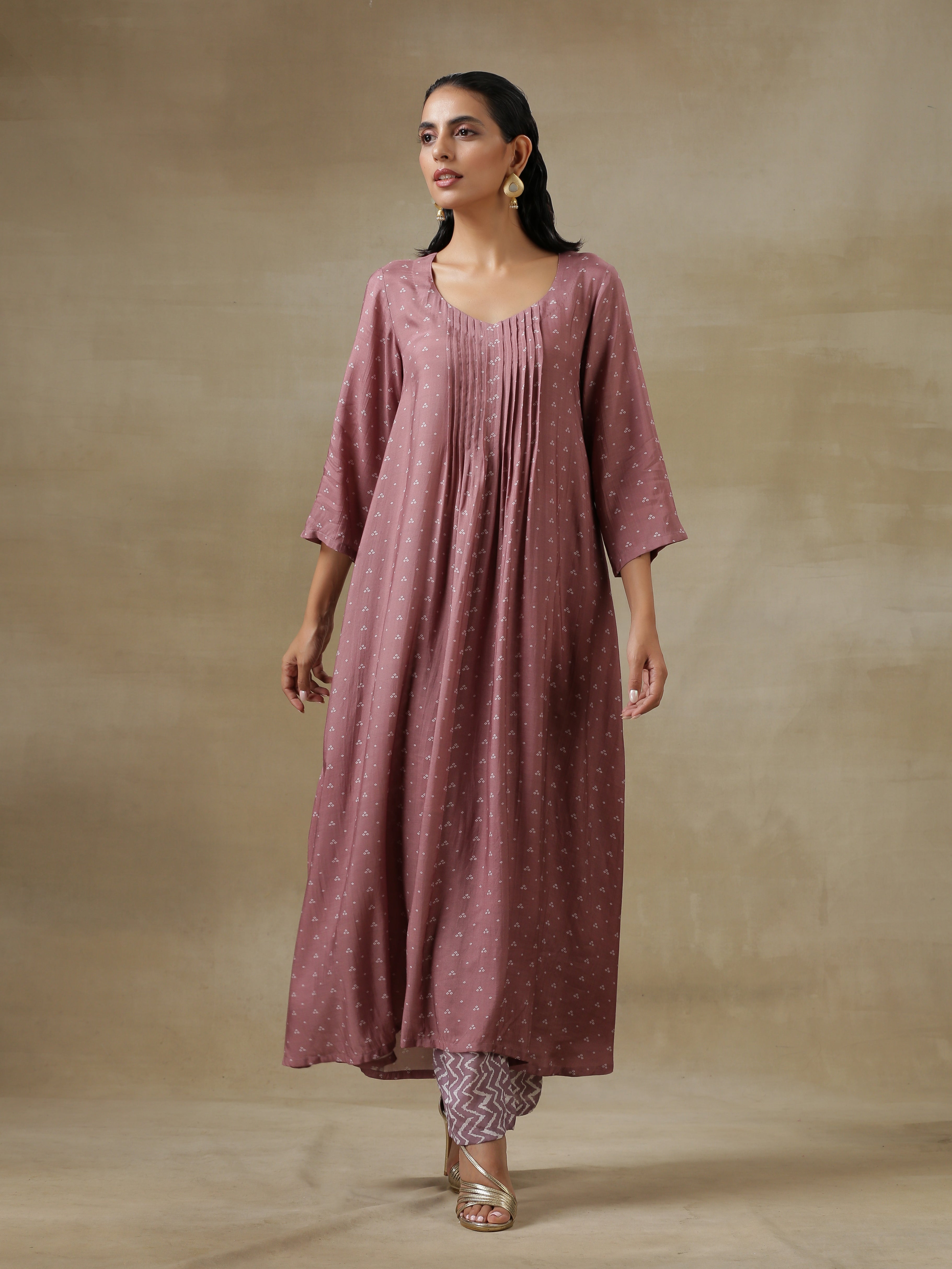 Dark Mauve Bandhani Printed Silk Front Pleated Long Kurta Pant Set