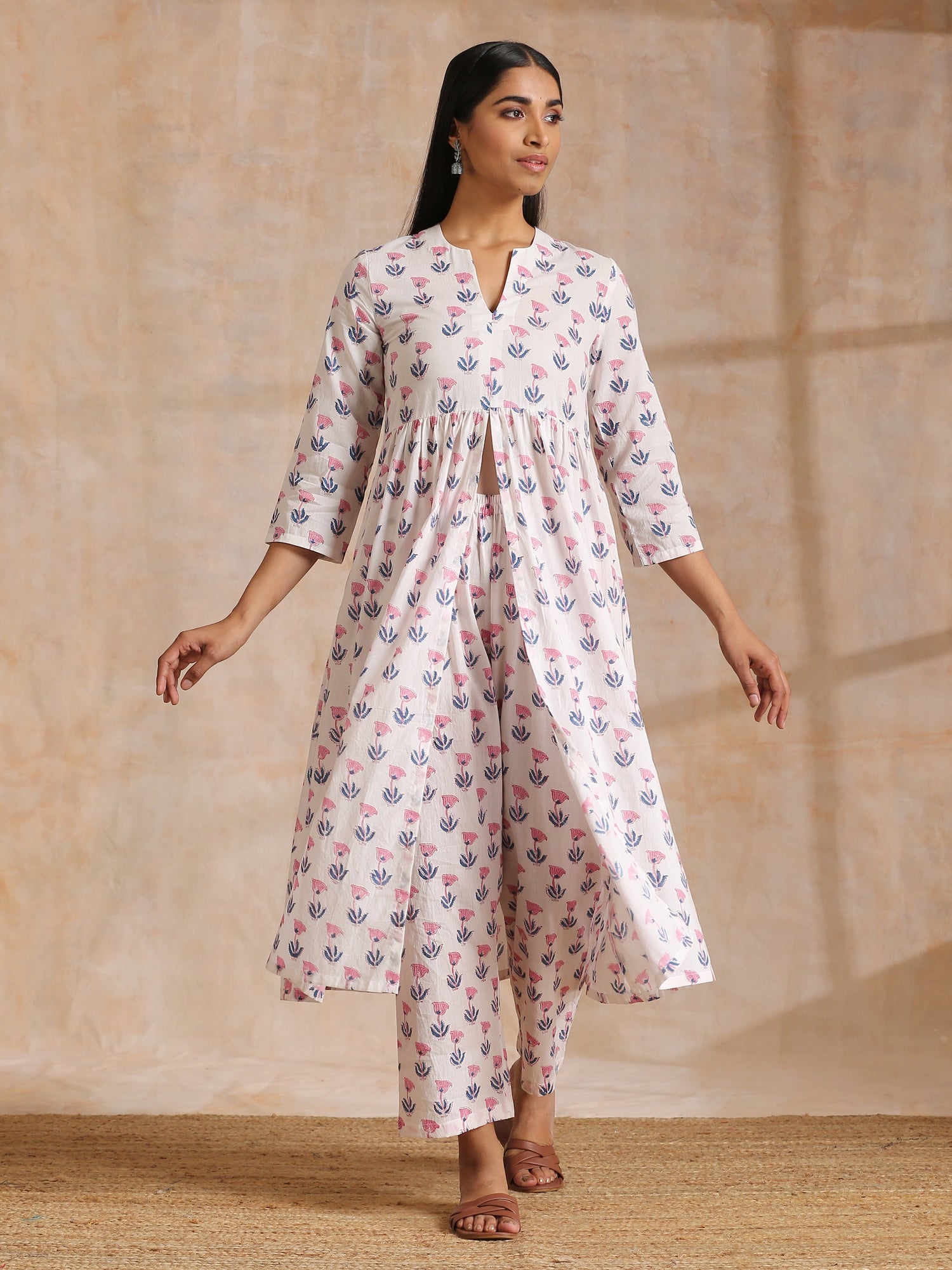 White With Pink Blue Buta Block Print Cotton Kurta Pant Set